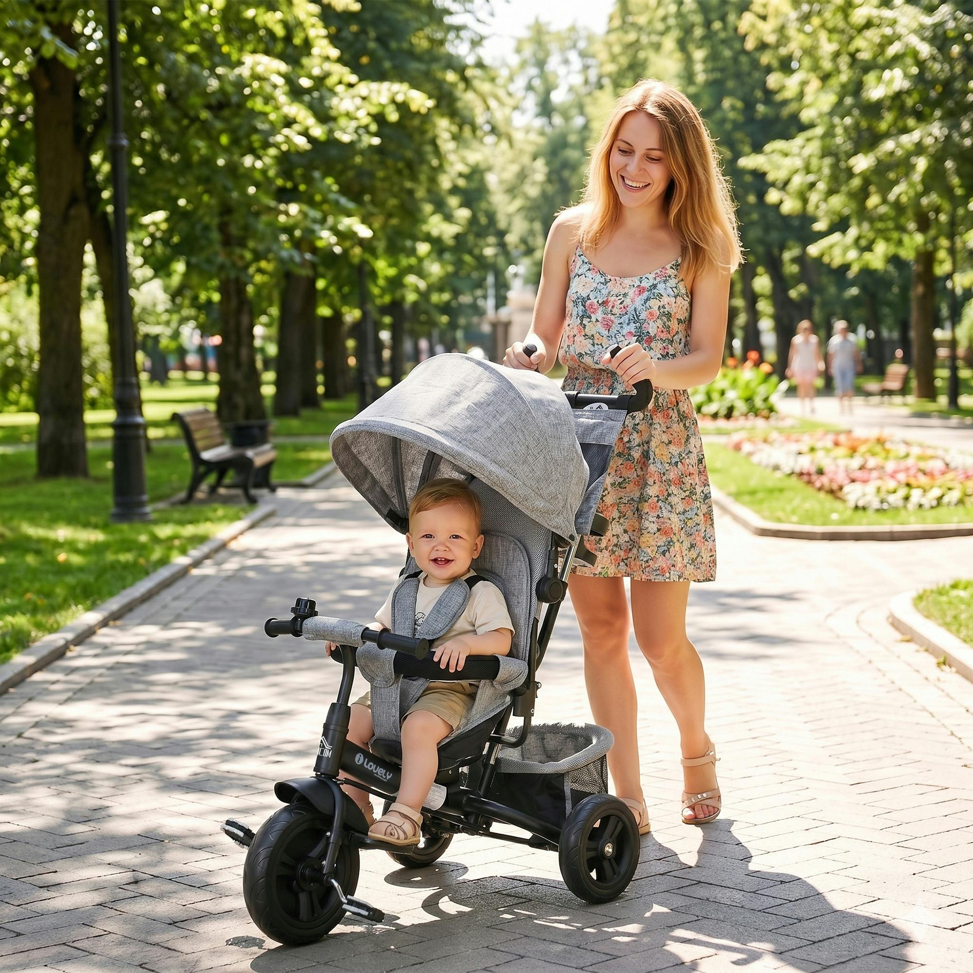 Homcom Grey 6 In 1 Kids Trike, Stroller With Parent Handle