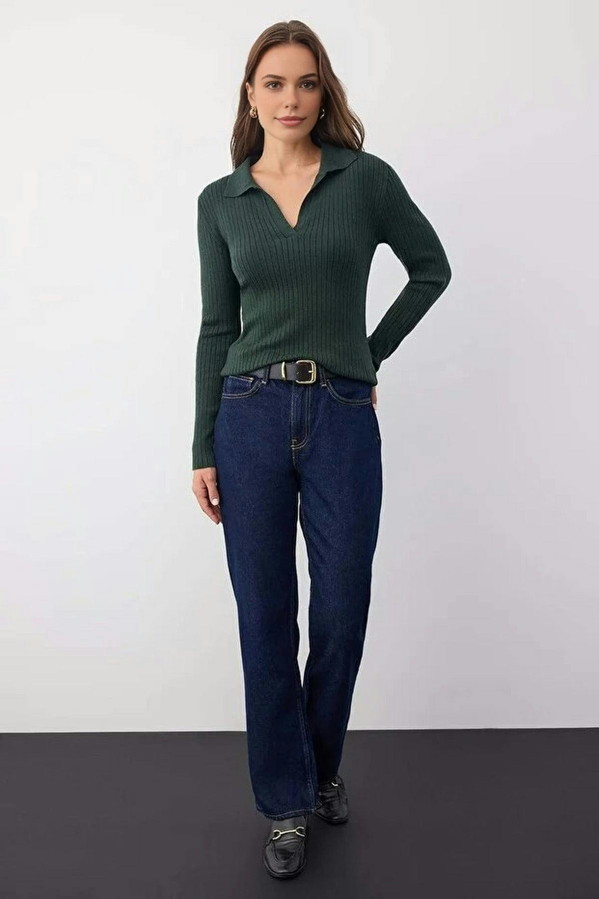 Wovcor Green Polo Collar Ribbed Knit Sweater - S