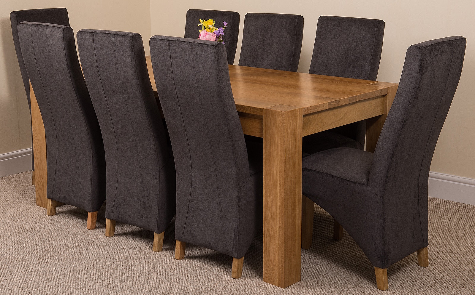 Rackhams Black Kuba Large Oak Dining Table With Lola Fabric Chairs - 8 Chairs