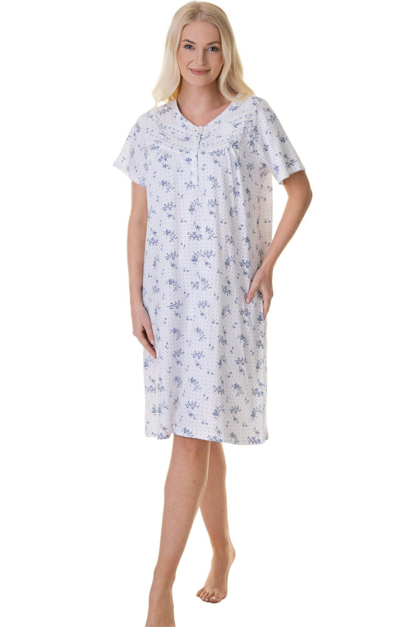 Camille Women's Blue 100% Cotton Luxury Porcelain Floral Short Sleeve Nightdress - 18-20
