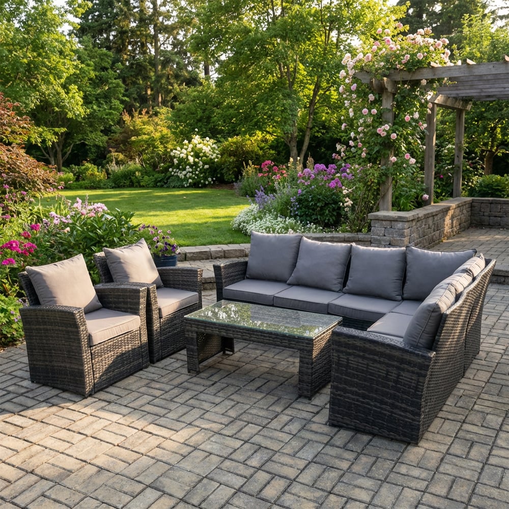 Fimous Dark/Grey 8 Seat Rattan Garden Furniture Set With Corner Sofa, 2 Chairs & Coffee Table