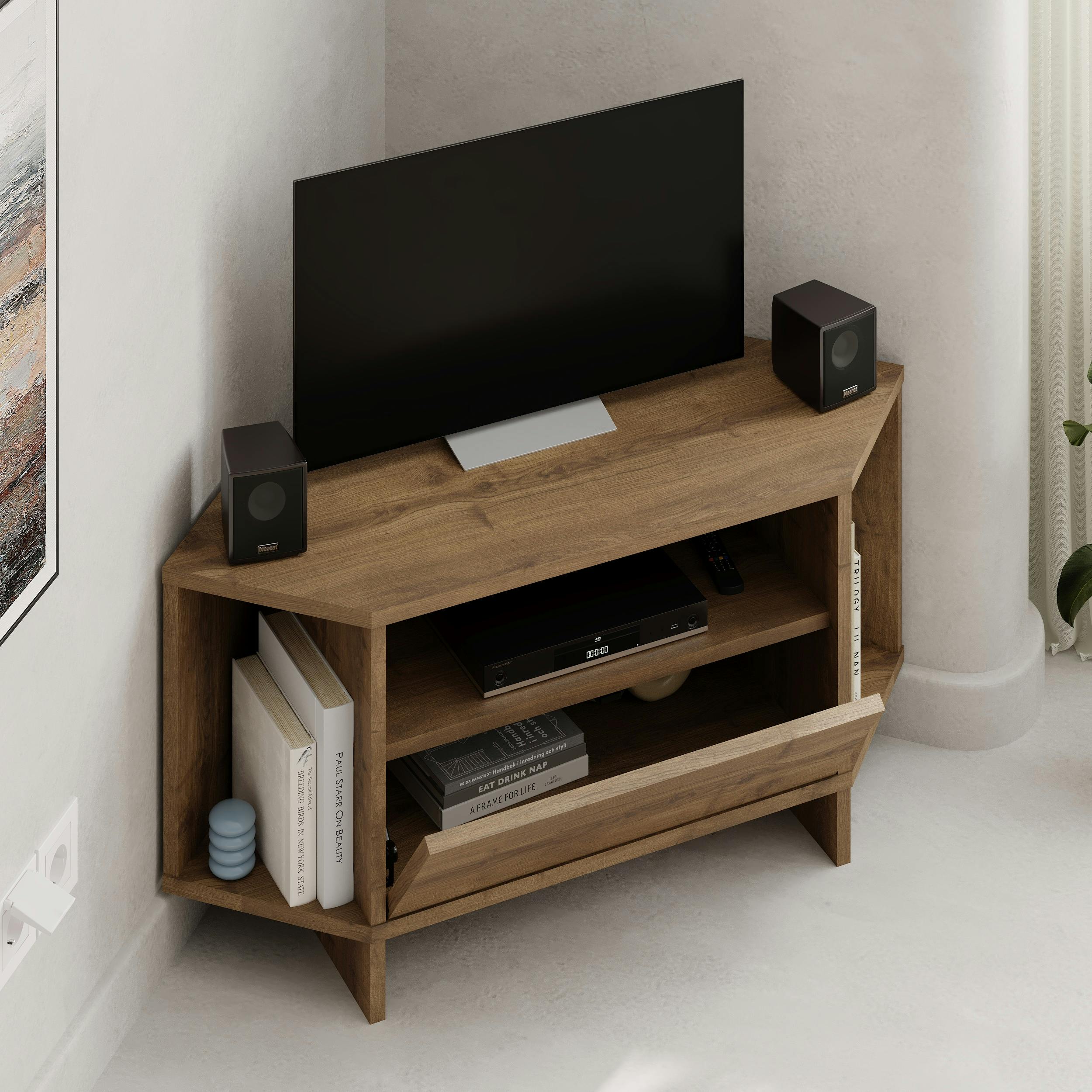 Rackhams Dark Modern Viva Corner Tv Unit Shelf Up To 36 Inch Tvs Push To Open Storage Cabinet, 3 Open Shelf Media Centre 95.7(W)Cm - Oak Effect