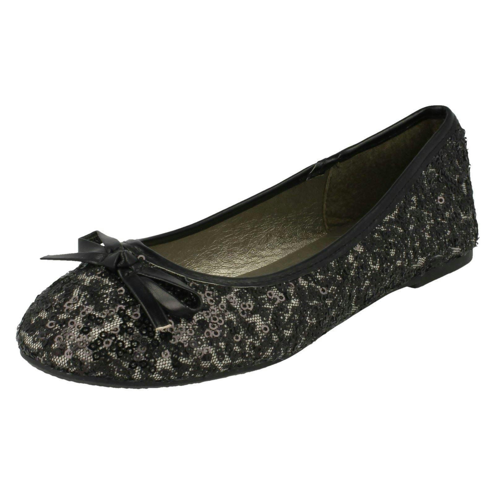 Spot On Girls Black Flat Bow Trim Sequined Ballerina - Uk 11 Child