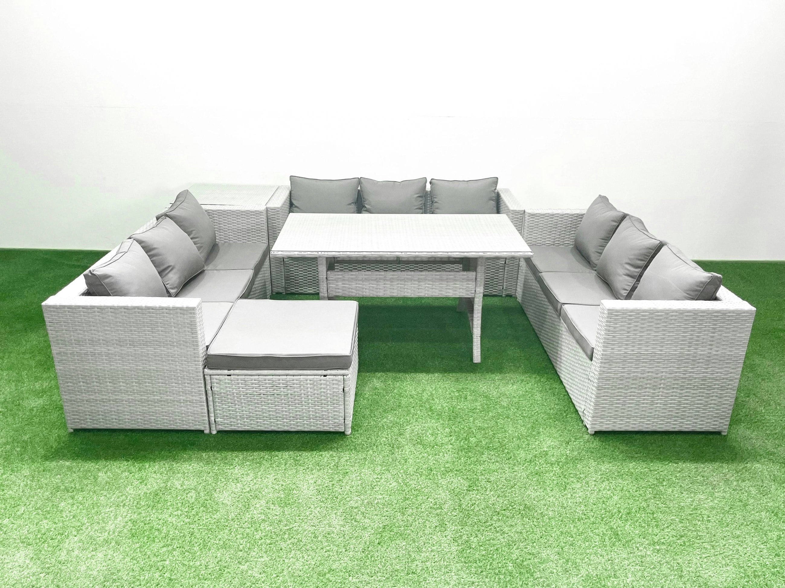 Rackhams Light/Grey Rattan Garden Outdoor Furniture Set Seater Garden Sofa Rectangulr Dining Table Set With Big Footstool Side Table Mixed Size 10