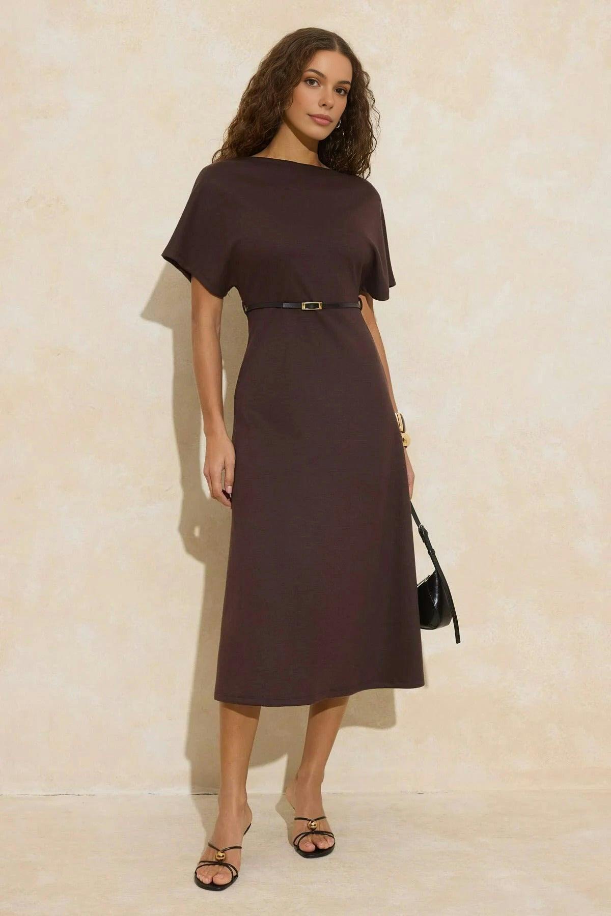 Wovcor Brown A-Line Boat Neck Short Sleeved Belted Midi Knitted Dress - Xs