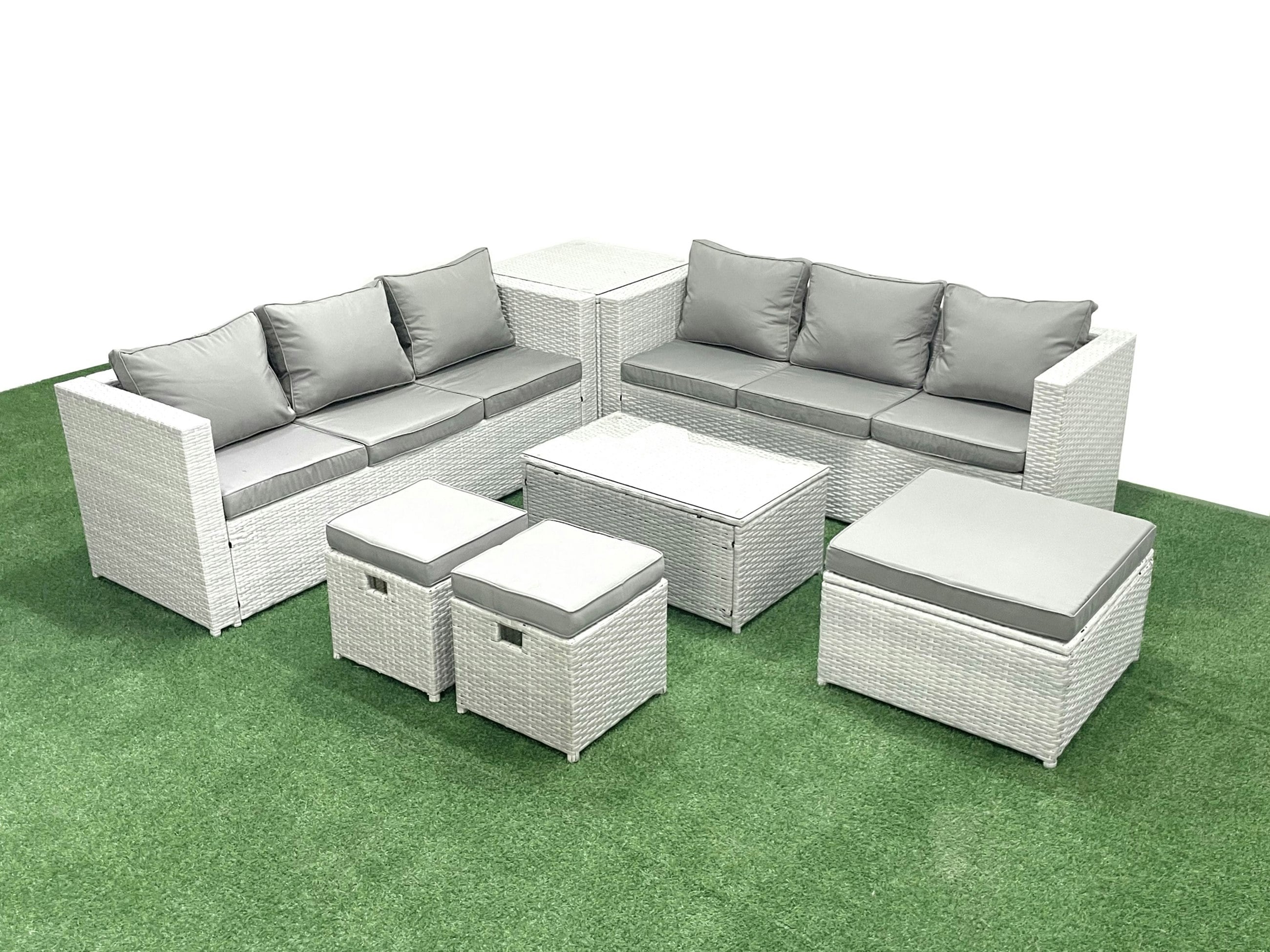 Rackhams Light/Grey Garden Outdoor Pe Rattan Furniture Set 9 Seater Rattan Garden Sofa Set With 3 Footstools Side Table Mixed