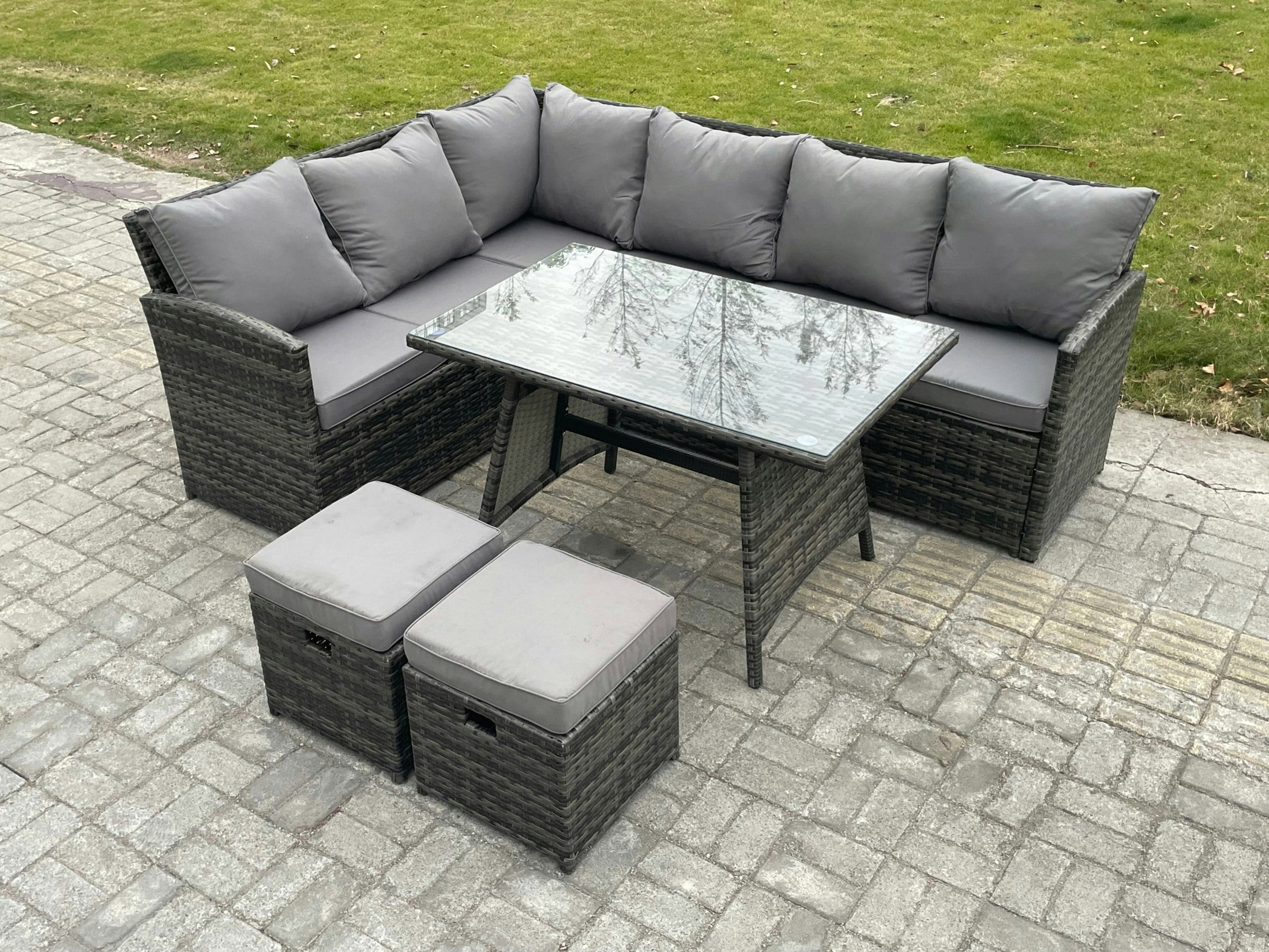 Rackhams Dark/Grey Wicker Rattan Garden Furniture Corner Sofa Set With Oblong Dining Table 2 Footstools 8 Seater Outdoor Rattan Set Mixed Small