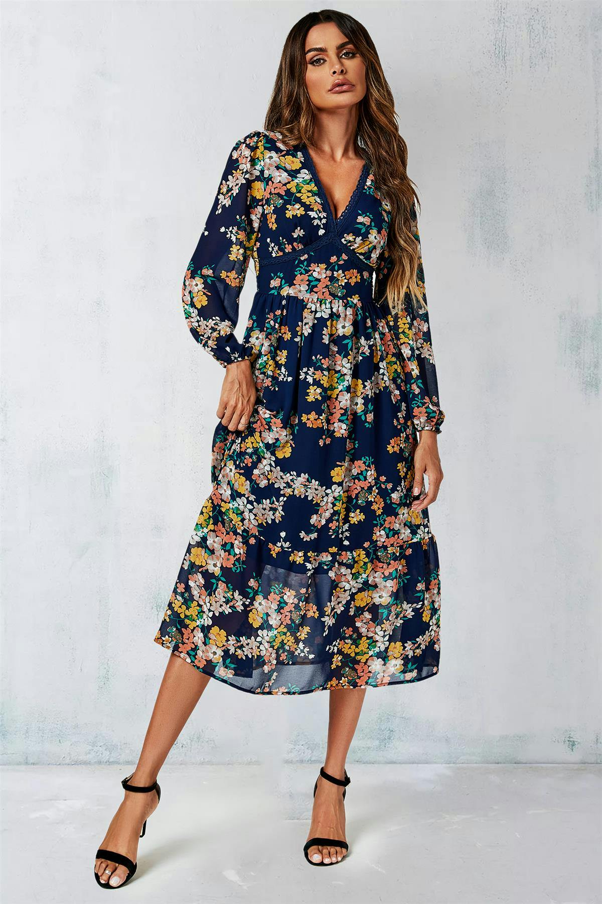 Fs Collection Floral Print Long Sleeve Maxi Dress In Navy - Xs - Navy