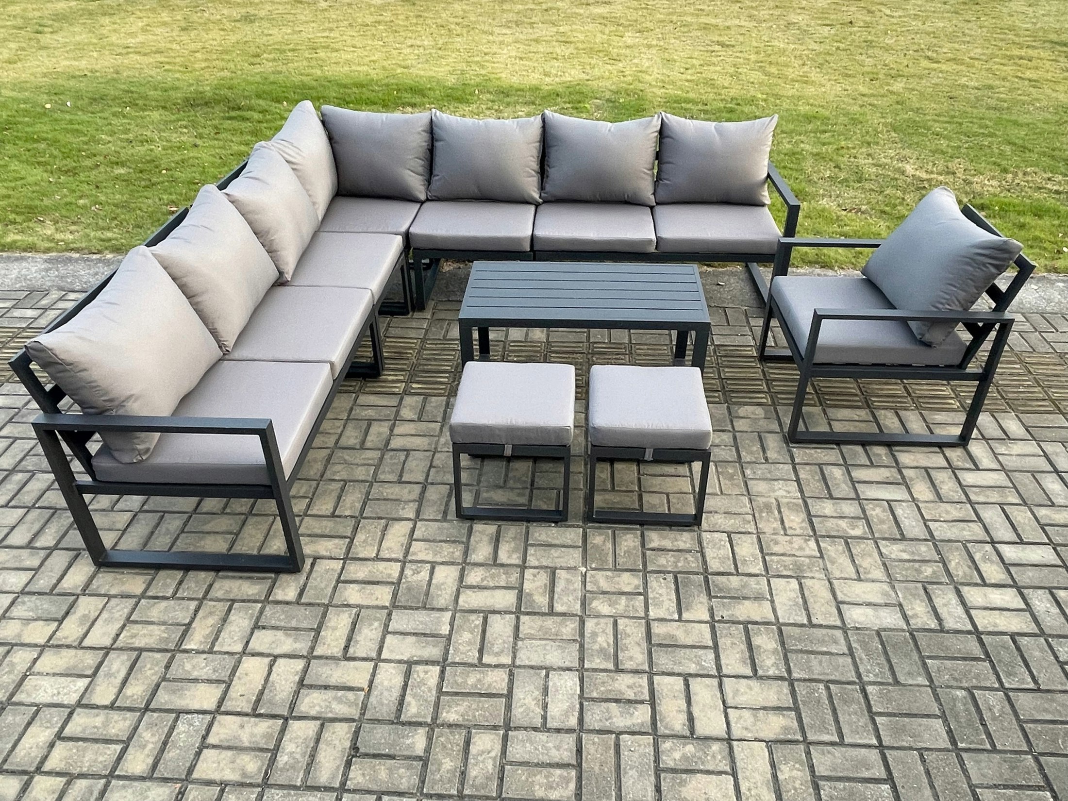 Fimous Dark/Grey Aluminium Outdoor Garden Furniture Set Lounge Corner Sofa Chair Oblong Coffee Table Sets With 2 Small Footstools
