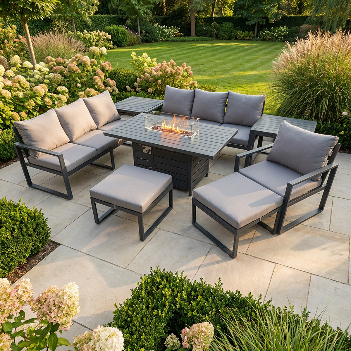 Fimous Dark/Grey 9 Seater Aluminium Garden Furniture Set With Gas Fire Pit Dining Table, 2 Sofas, 2 Side Tables, 2 Footstools & 1 Chair