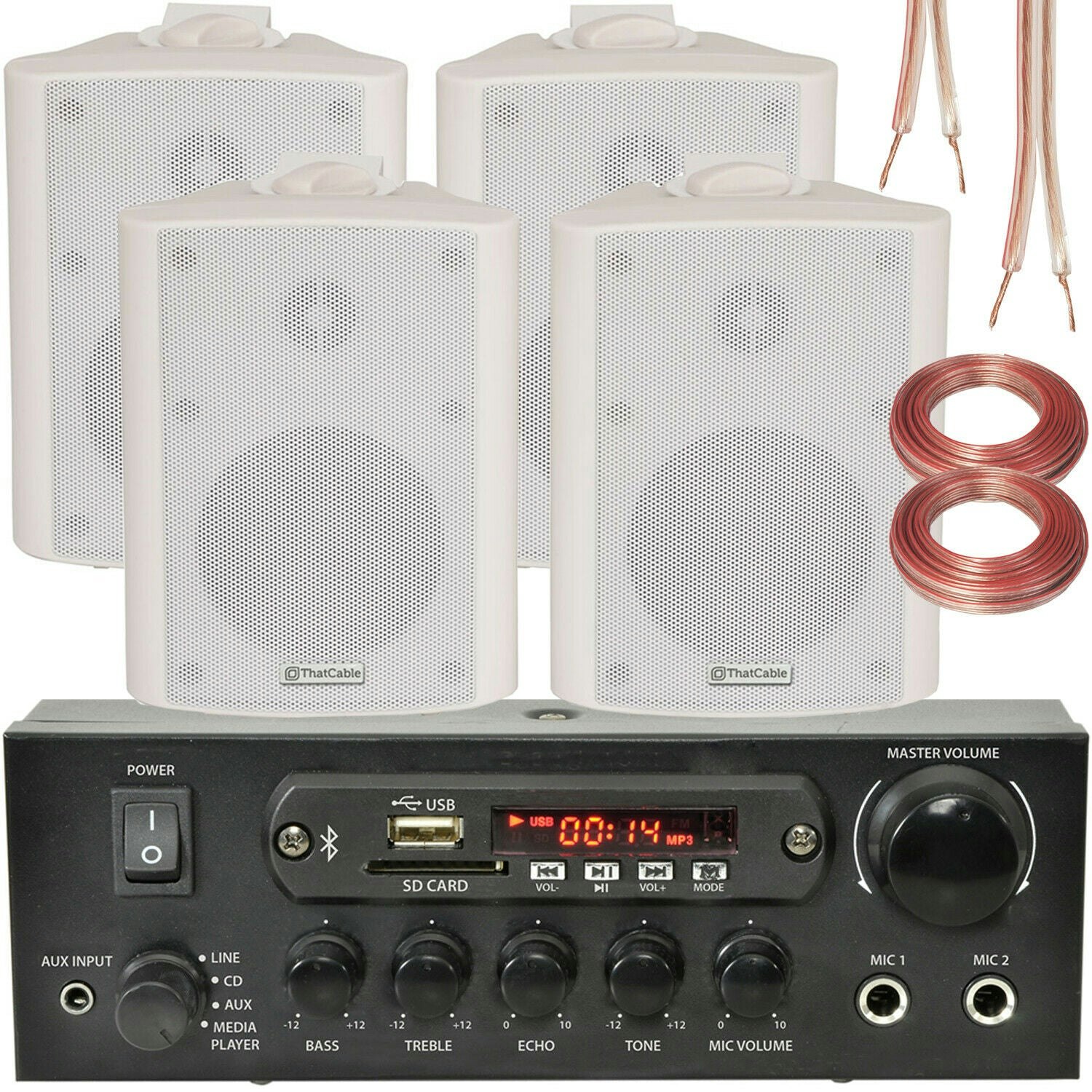 Loops White Bluetooth Wall Speaker System 110W Bar Restaurant Wireless Amp Hifi Kit Large