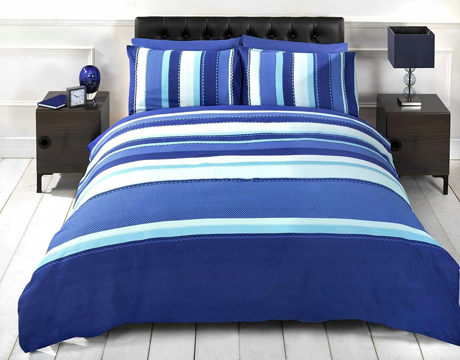 Homespace Direct Blue Patterned Stripes Duvet Cover Set - Double