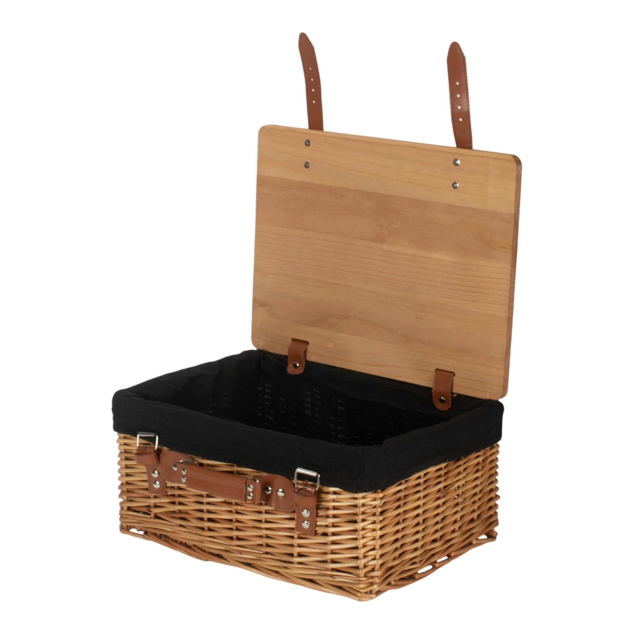 Rackhams Black Double Steamed Lined Willow Picnic Basket With Pinewood Lid - Medium - 1 - Wicker And Pinewood