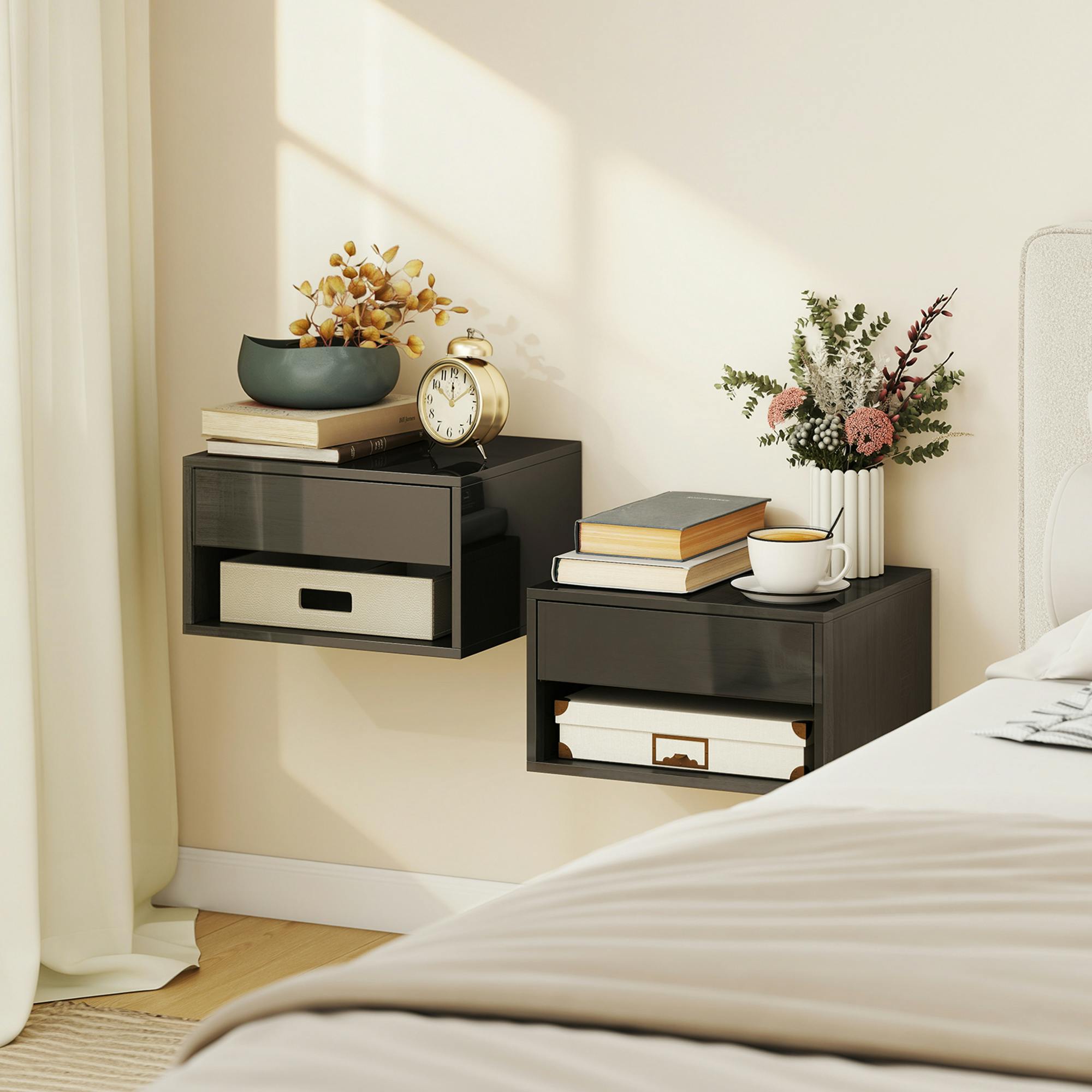 Rackhams Black Floating Nightstands Set Of 2, Bedside Table W/ Drawer And Open Shelf