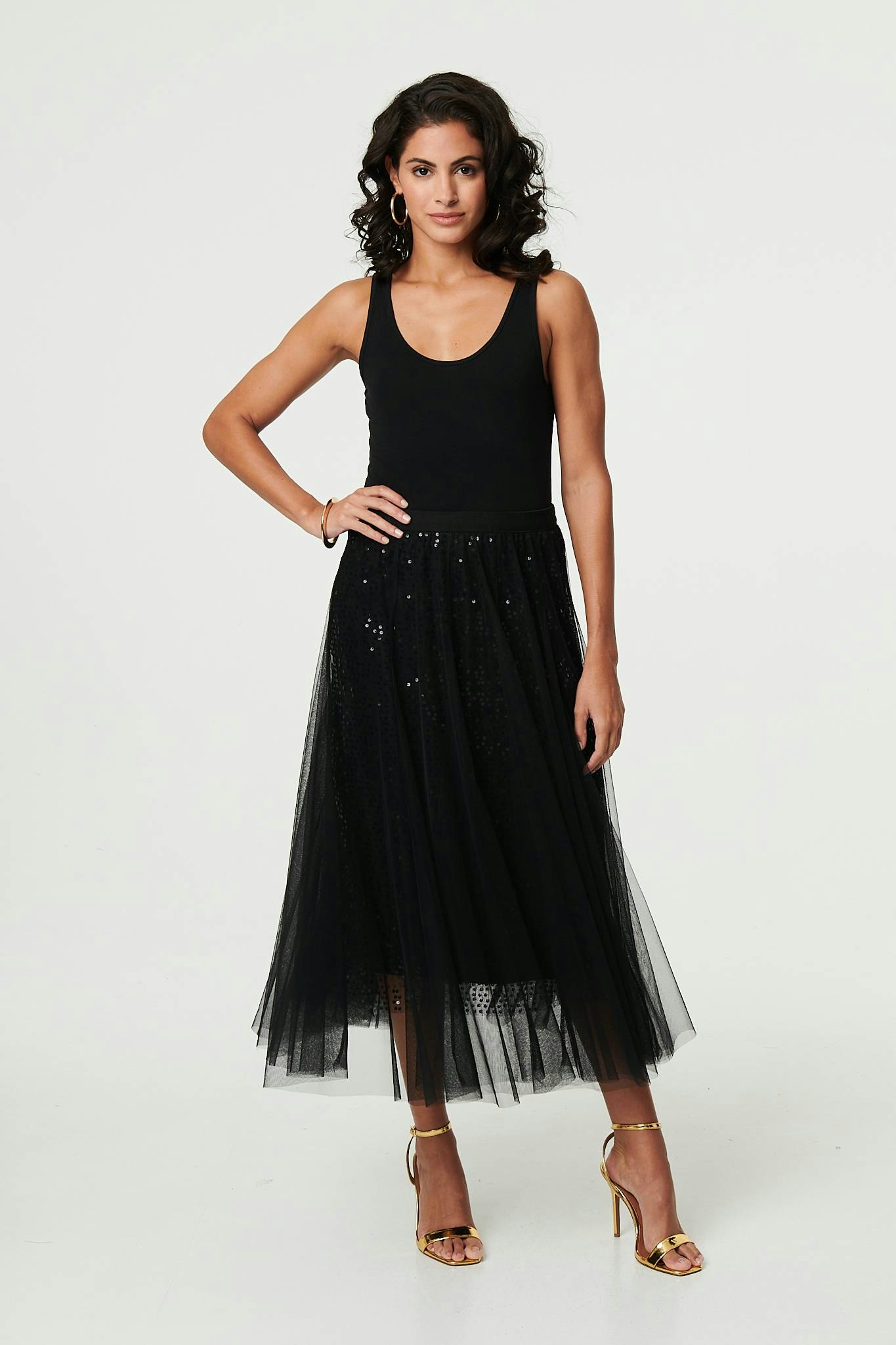 Izabel London Black Embellished Mesh Layer Midi Skirt - Xl