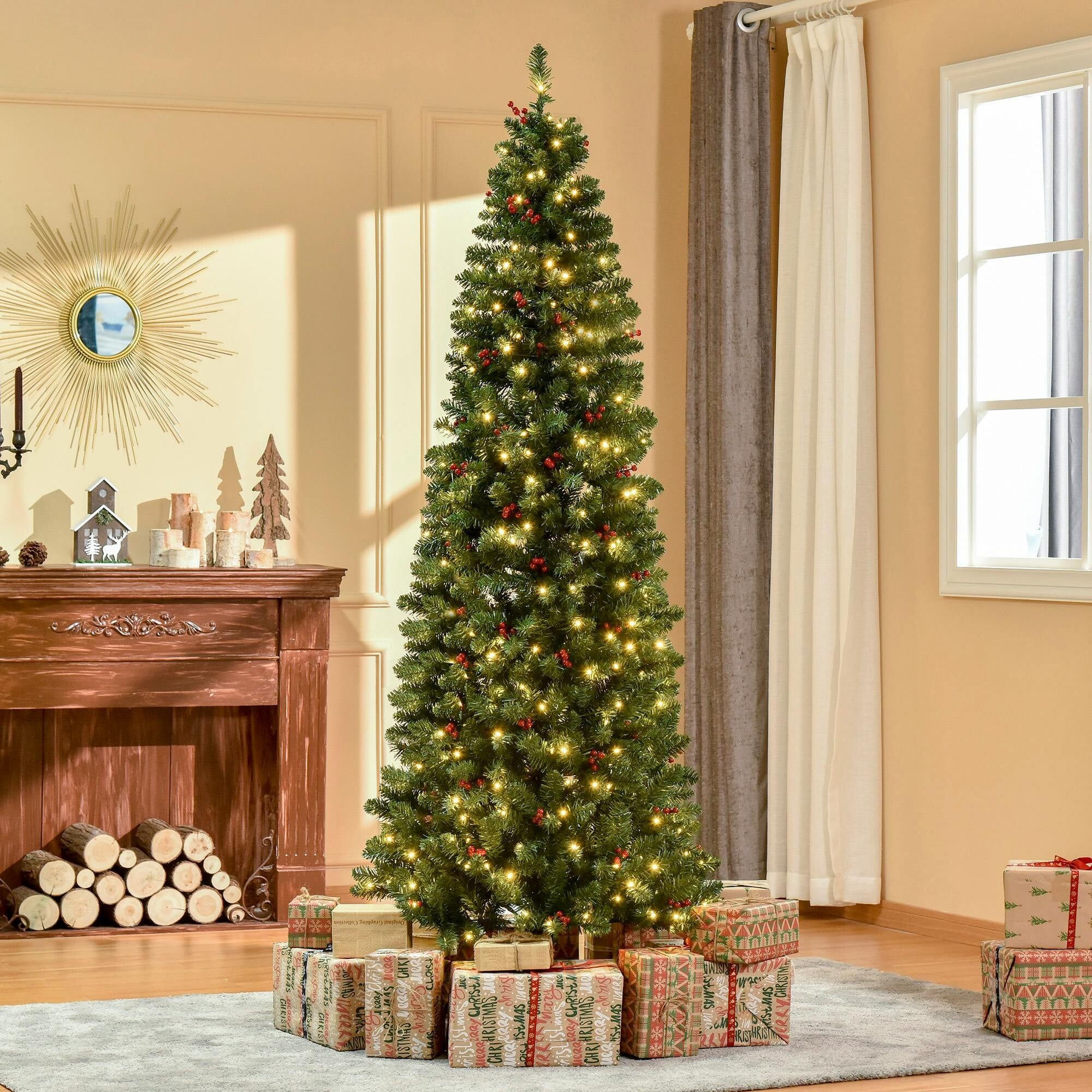 Homcom Unisex Green Artificial Pencil Christmas Tree With Led Light Berry Xmas Decor In 7Ft - Image 3