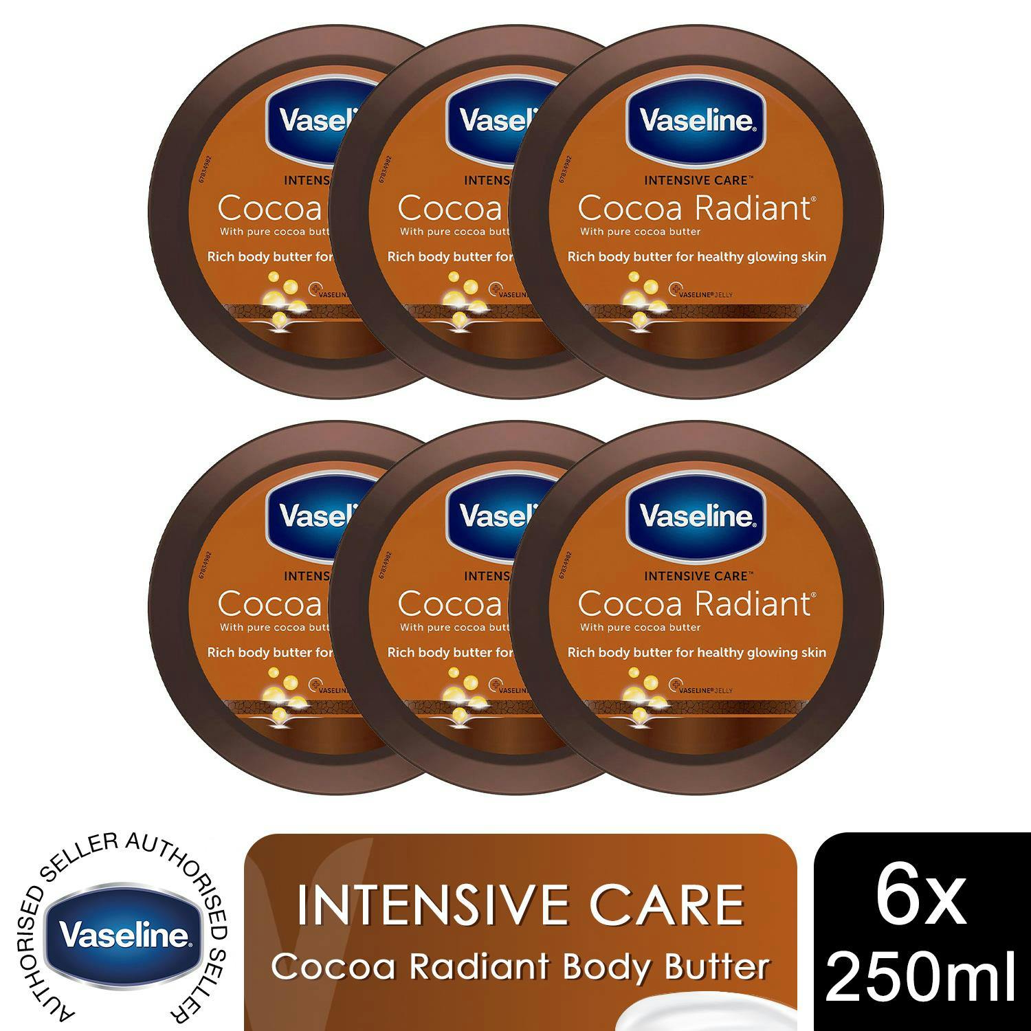 Vaseline Cream Cocoa Radiant Moisture Rich Body Butter 250Ml Intense Hydration, 6Pk
