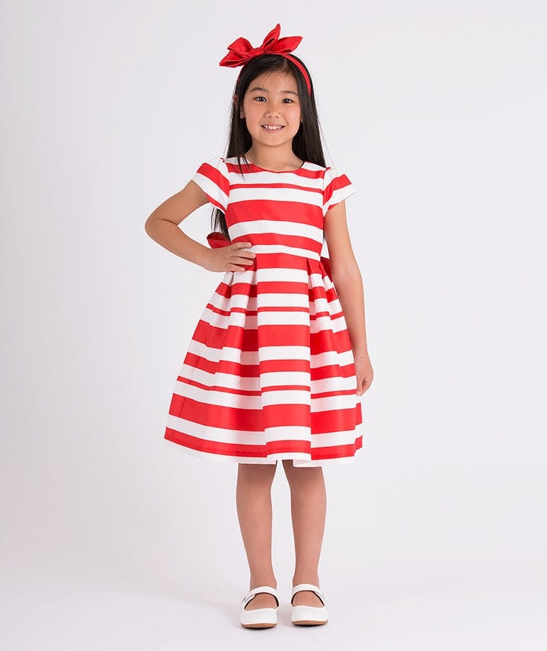 Mama Luma Girls Red Striped Classic Dress In - 9 - 10 Yrs