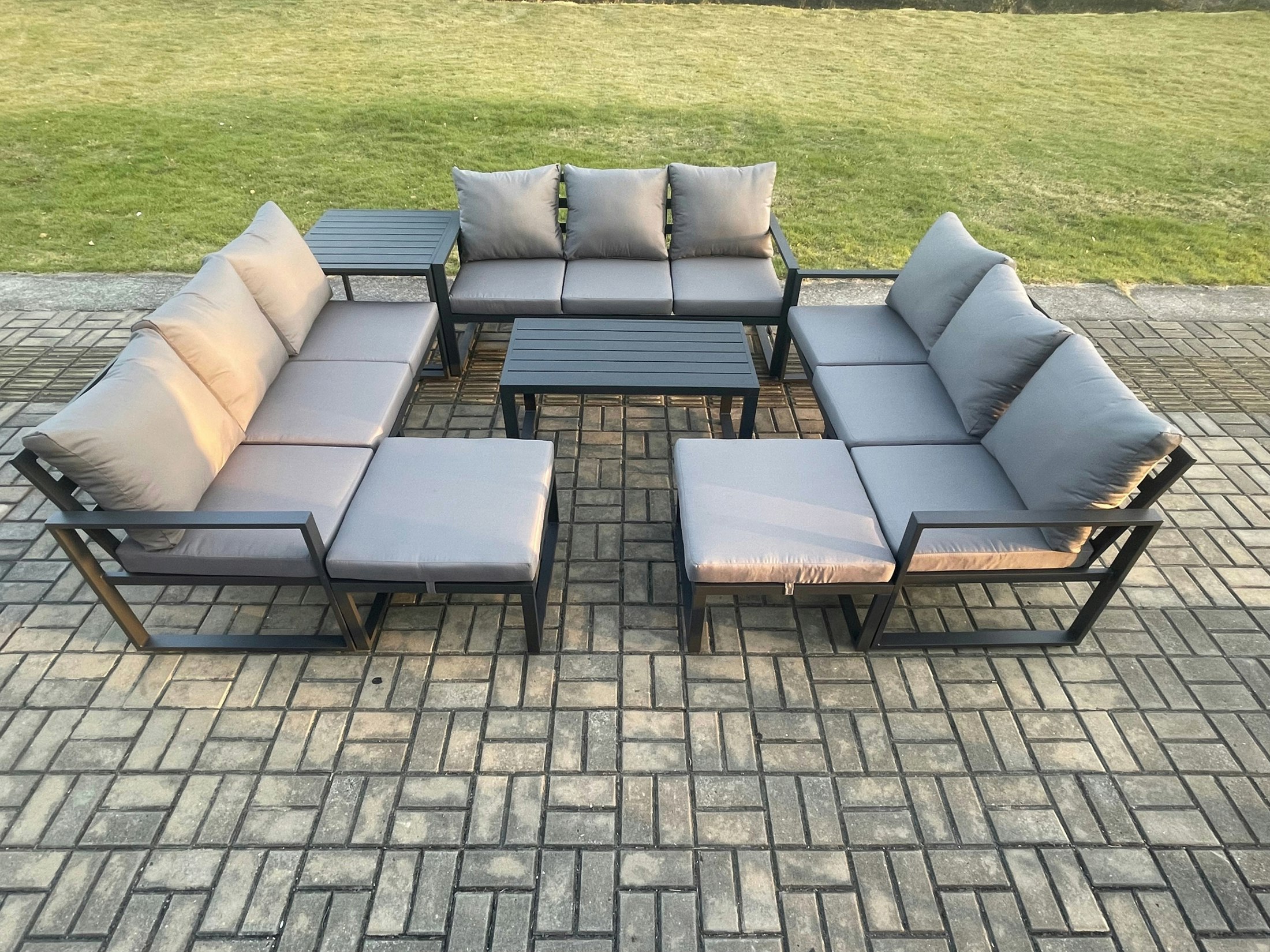 Fimous Dark/Grey Aluminium Outdoor Garden Furniture Set Lounge Sofa Oblong Coffee Table 2 Pc Big Footstool Side Table Sets With Cushions 11 Seater