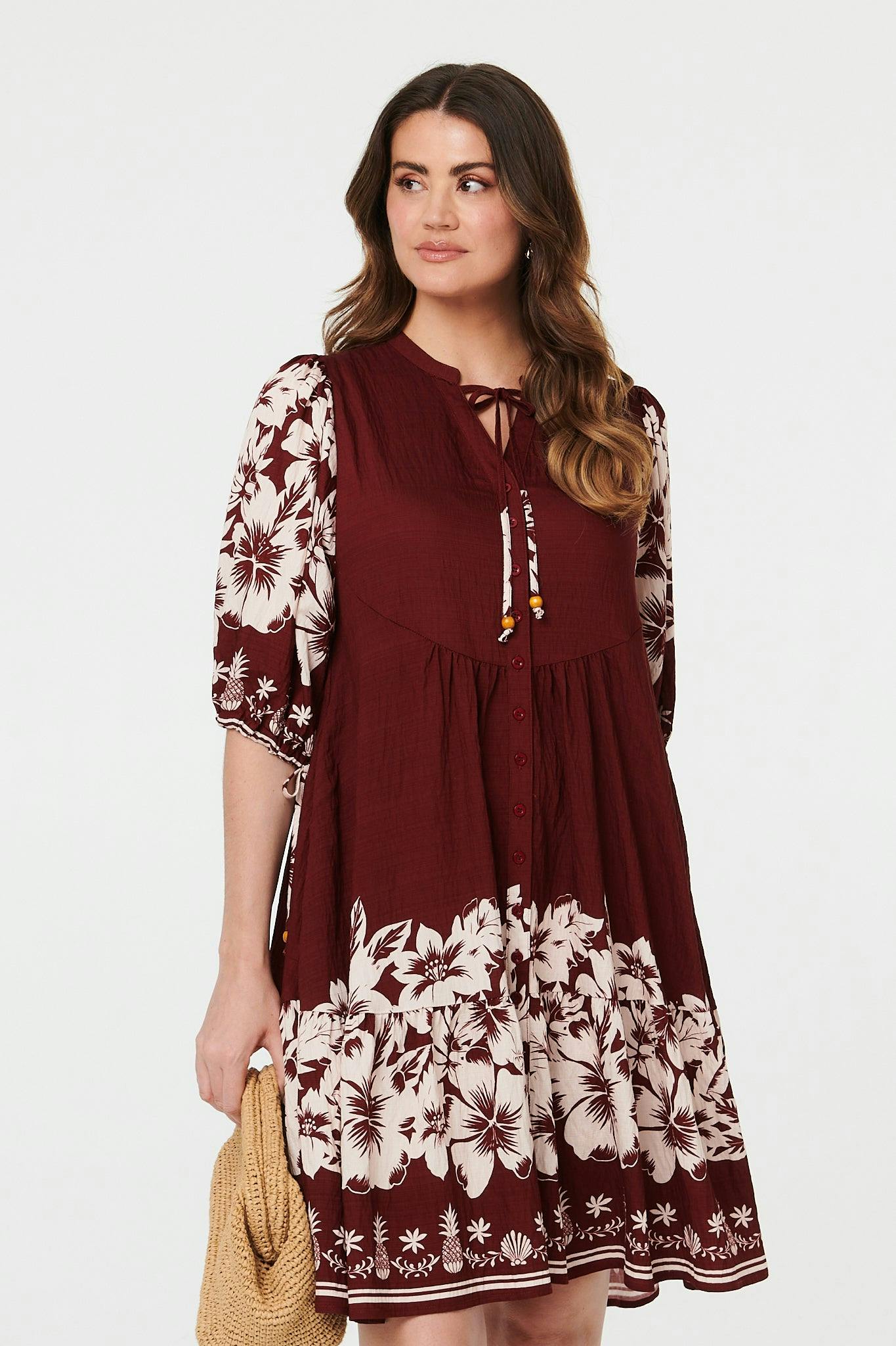 Izabel London Burgundy Floral Knee Length 3/4 Sleeve Dress - 12