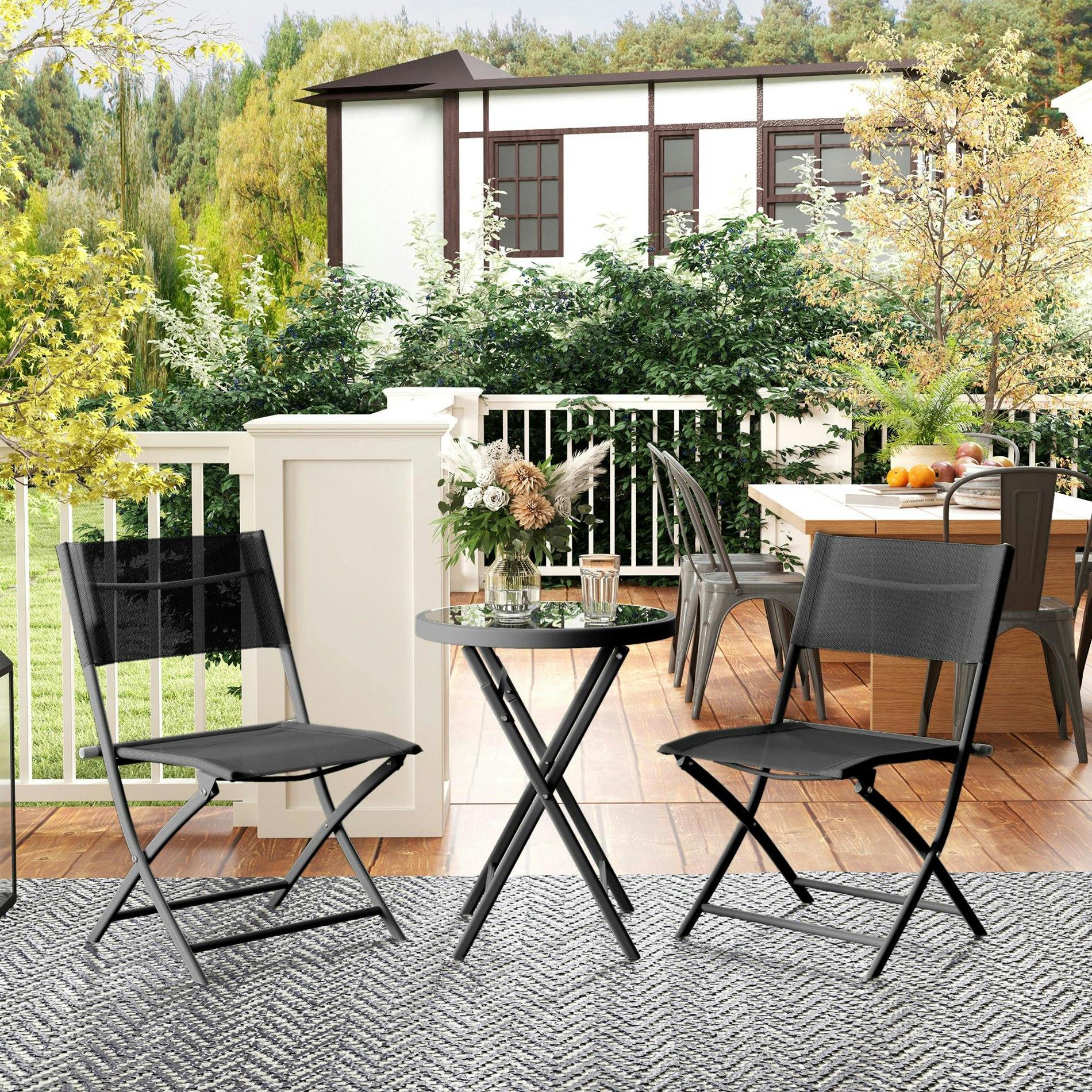 Rackhams Black 3 Pieces Outdoor Bistro Set, Glass Top Table And Chairs, - 3 - Outdoor Bistro Set