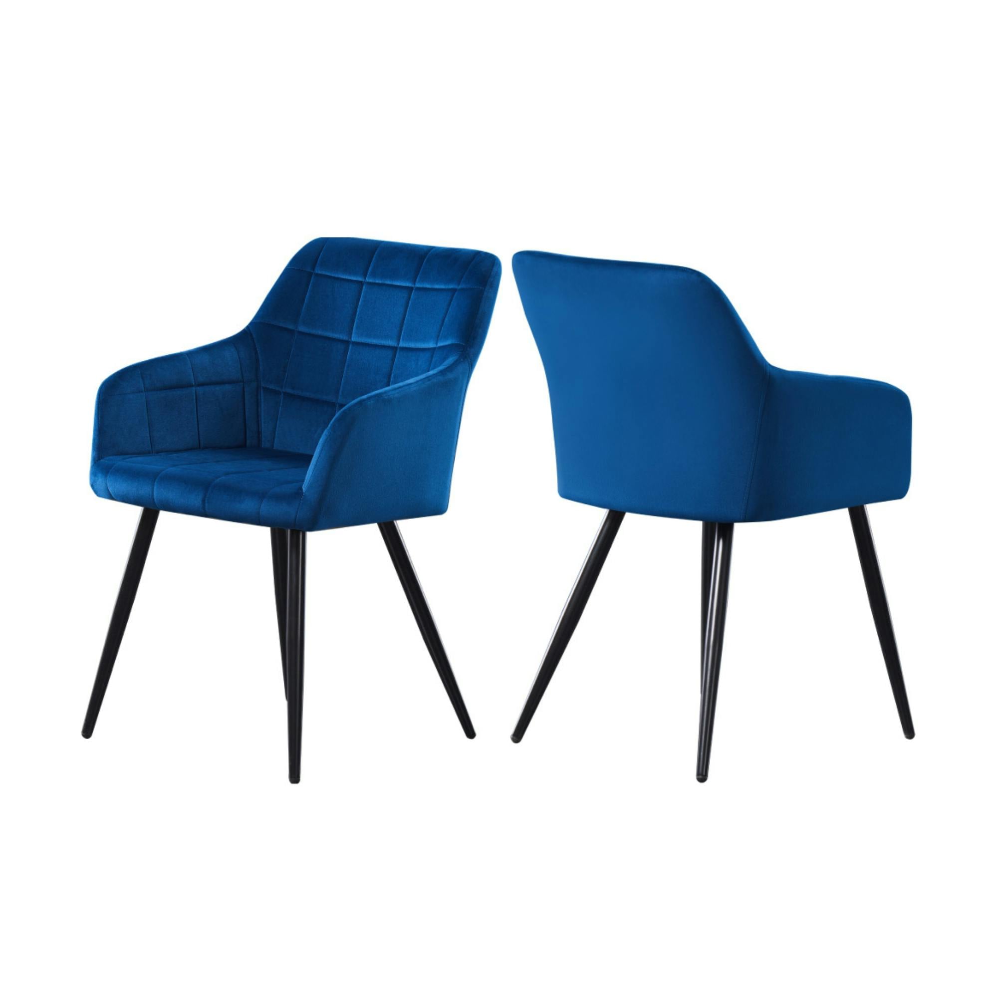 B&Q - Set Of 2 Blue Camden Modern Velvet Dining Chairs With ArmrestsQuilted Design & Black Metal Legs - Image 2