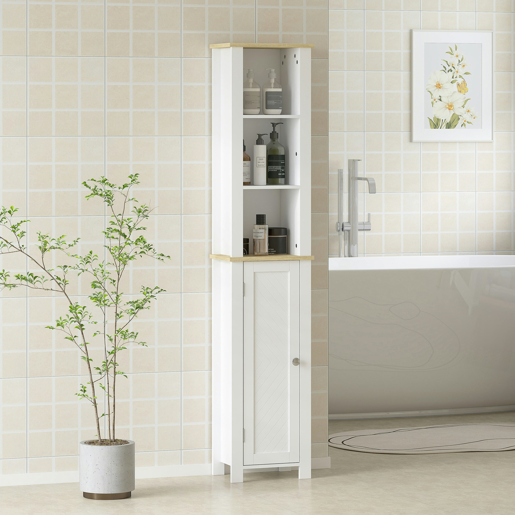Rackhams White Slim Bathroom Storage Unit With Open Compartment, - Slim Bathroom Storage Unit - Mdf, Particle Board