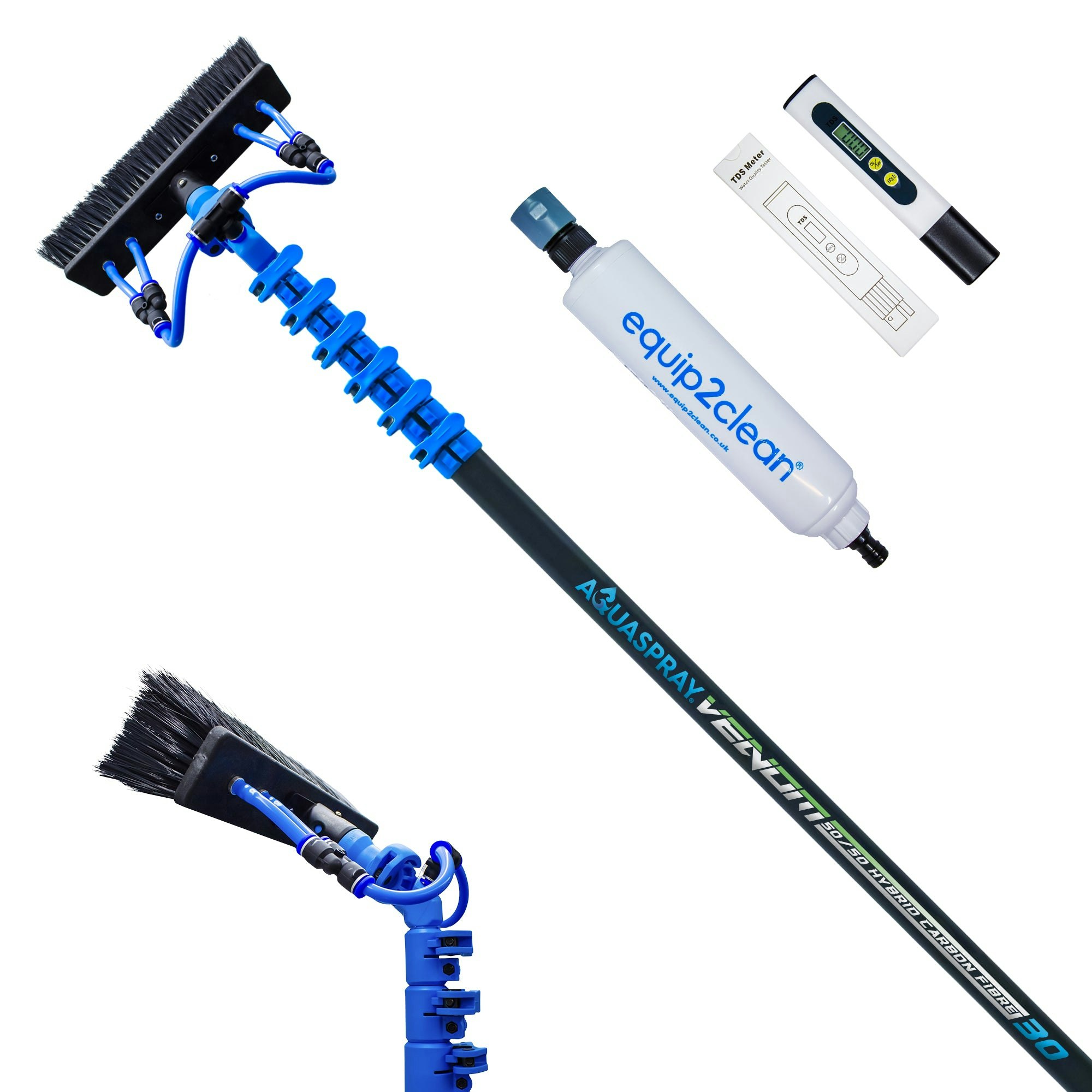 Rackhams Equip2clean Aquaspray® Venom Bundle Kit - 30Ft Water-Fed Telescopic Window Cleaning Pole + Inline Di-Filter + Tds Meter