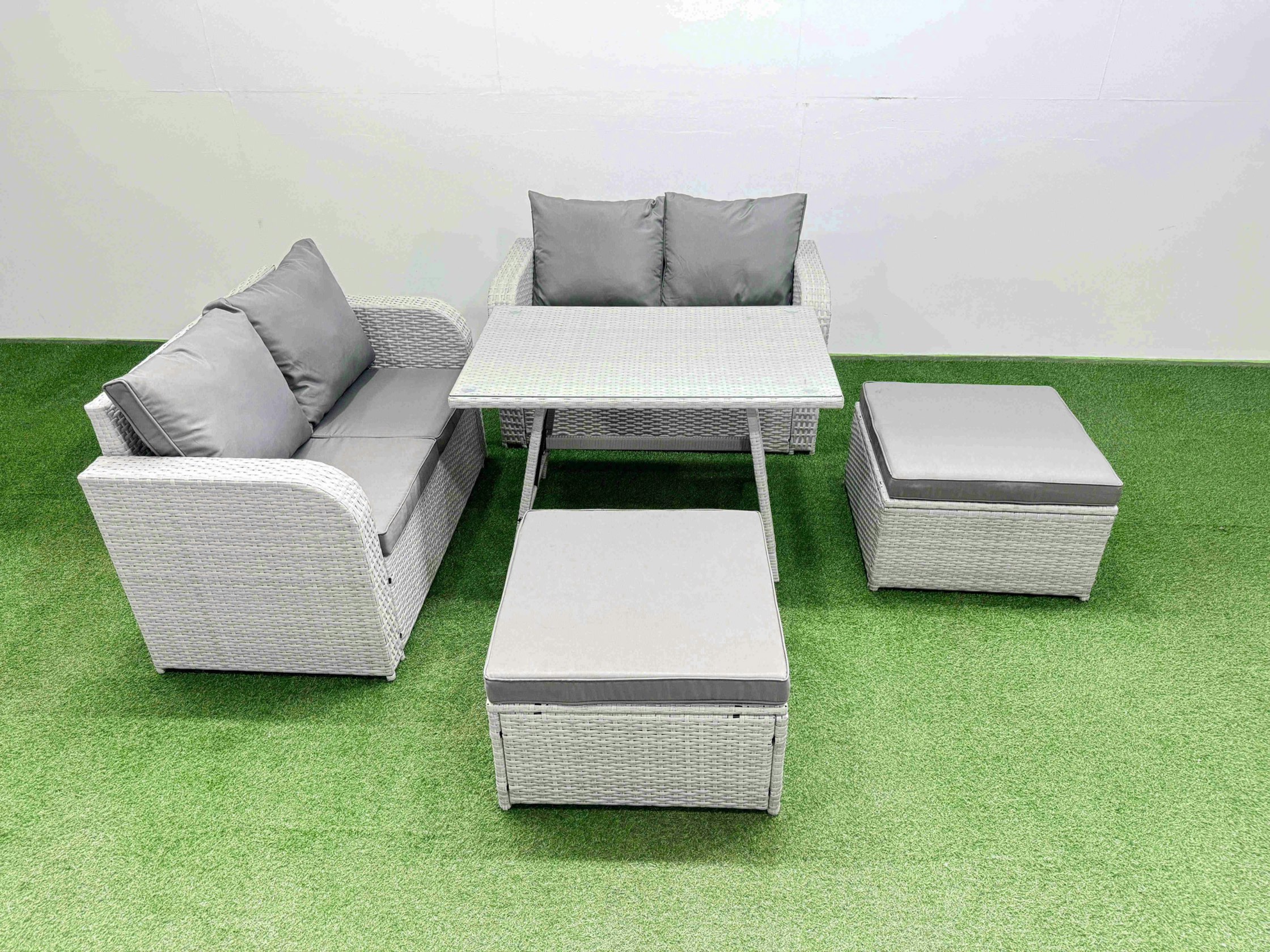Fimous Light/Grey 6 Seater Outdoor Love Sofa Set Rattan Garden Furniture Set With Rectangular Dining Table 2 Big Footstool