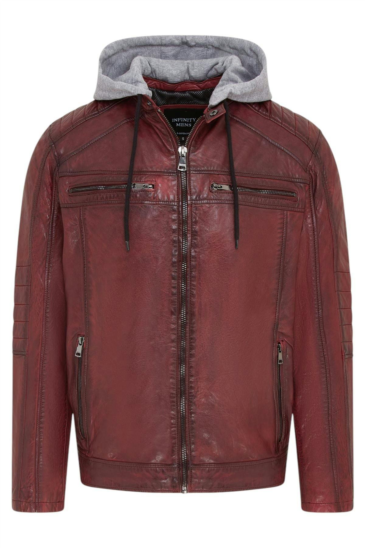 Infinity Leather Men's Red Hooded Biker Lamb Leather Jacket - Burten - Ox - Uk Xl | Eu 52 | Us 42
