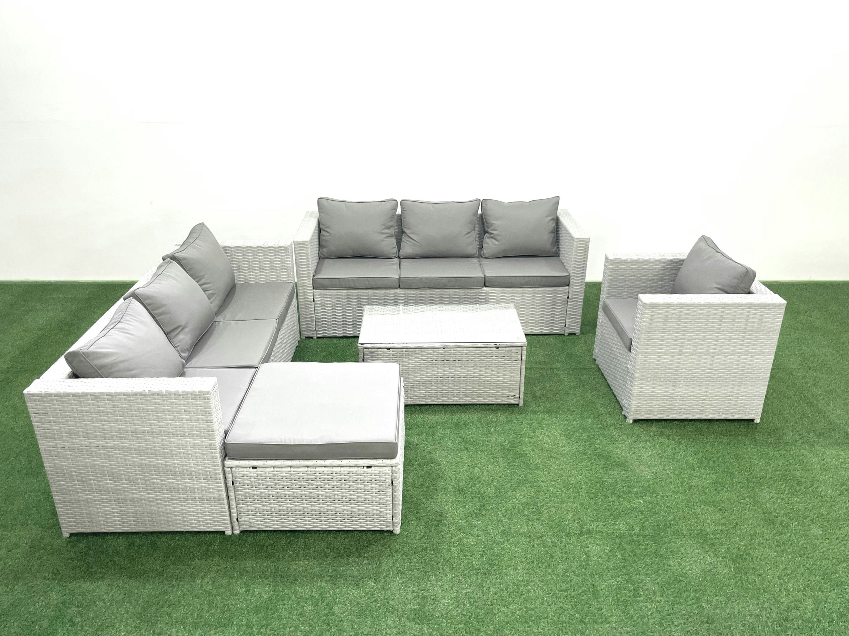 Fimous Light/Grey Wicker Pe Rattan Sofa Garden Furniture Set With Armchair Oblong Coffee Table Big Footstool Mixed