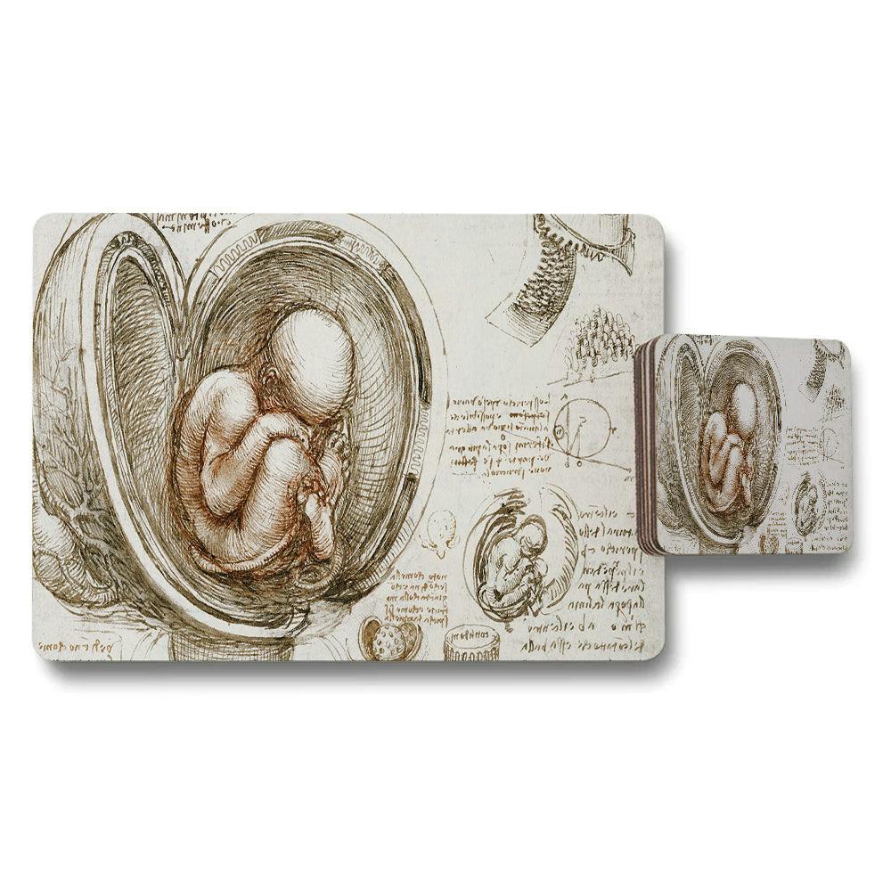 Benjamin Tate Design Ivory Placemat And Coaster Set Vintage Fetus Sketch Artwork