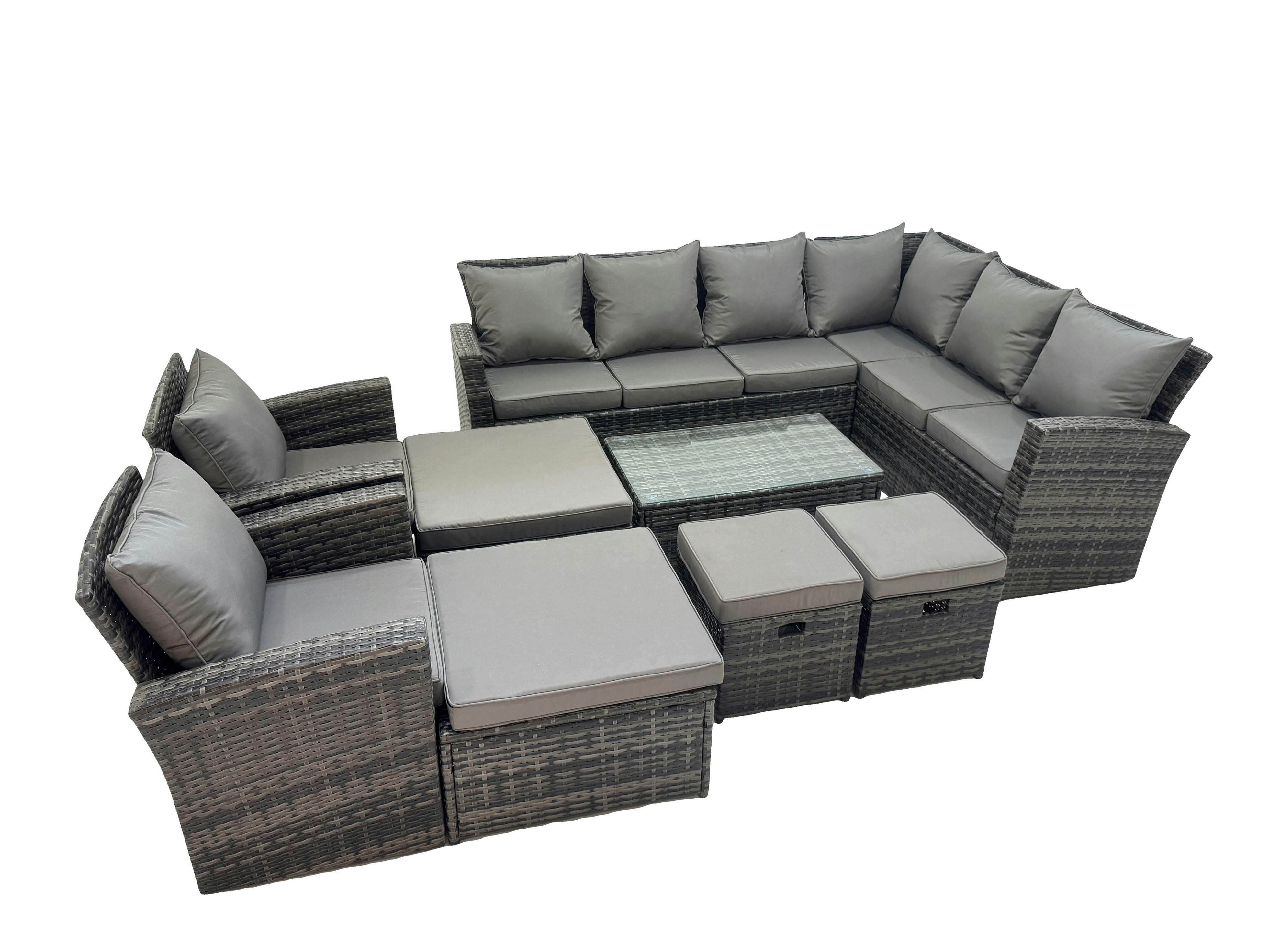 Rackhams Dark/Grey Rattan Garden Outdoor Furniture Set 12 Seater Garden Sofa Coffee Table Set With Chair 4 Footstools Mixed