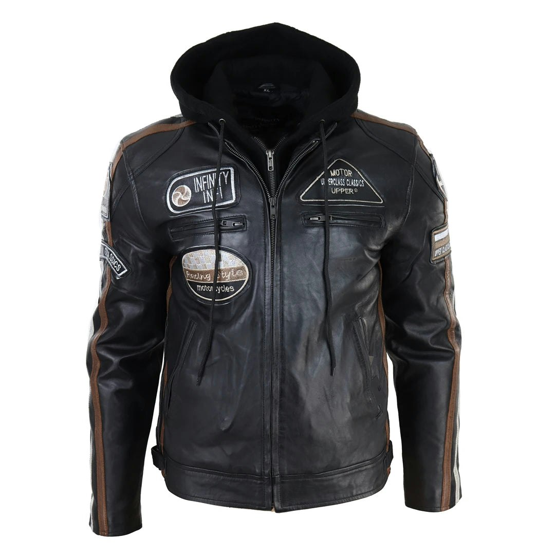 Infinity Leather Men's Black Leather Company Hooded Zipped Biker Leather Jacket - 2XL