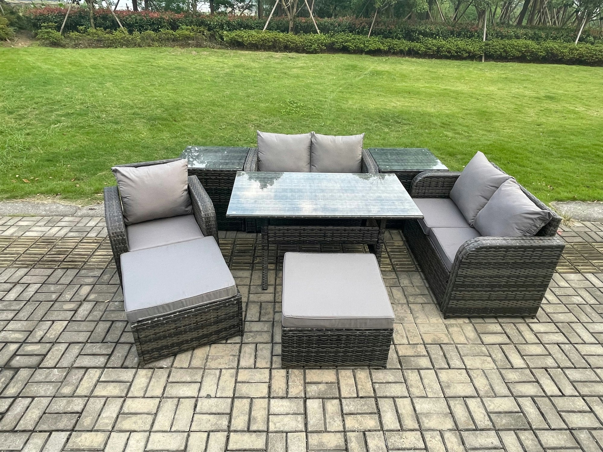 Fimous Dark/Grey 7 Seater Mixed Rattan Outdoor Dining Set - Oblong/Rectangular Table, Chairs, 2 Footstools & 2 Side Tables