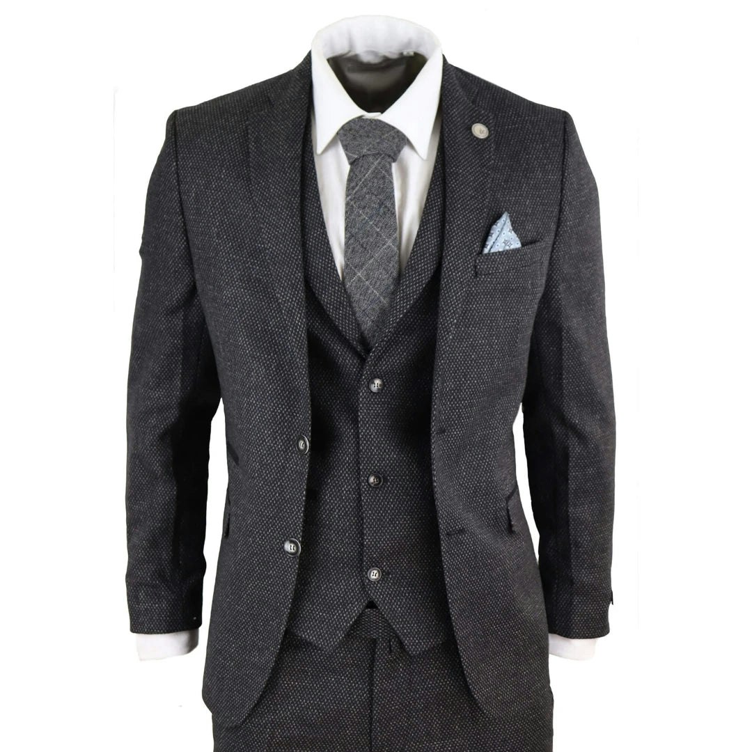 Truclothing Men's Black Stz14 - Wool 3 Piece Suit Tweed Charcoal Classic - 38" Jacket 32" Trousers