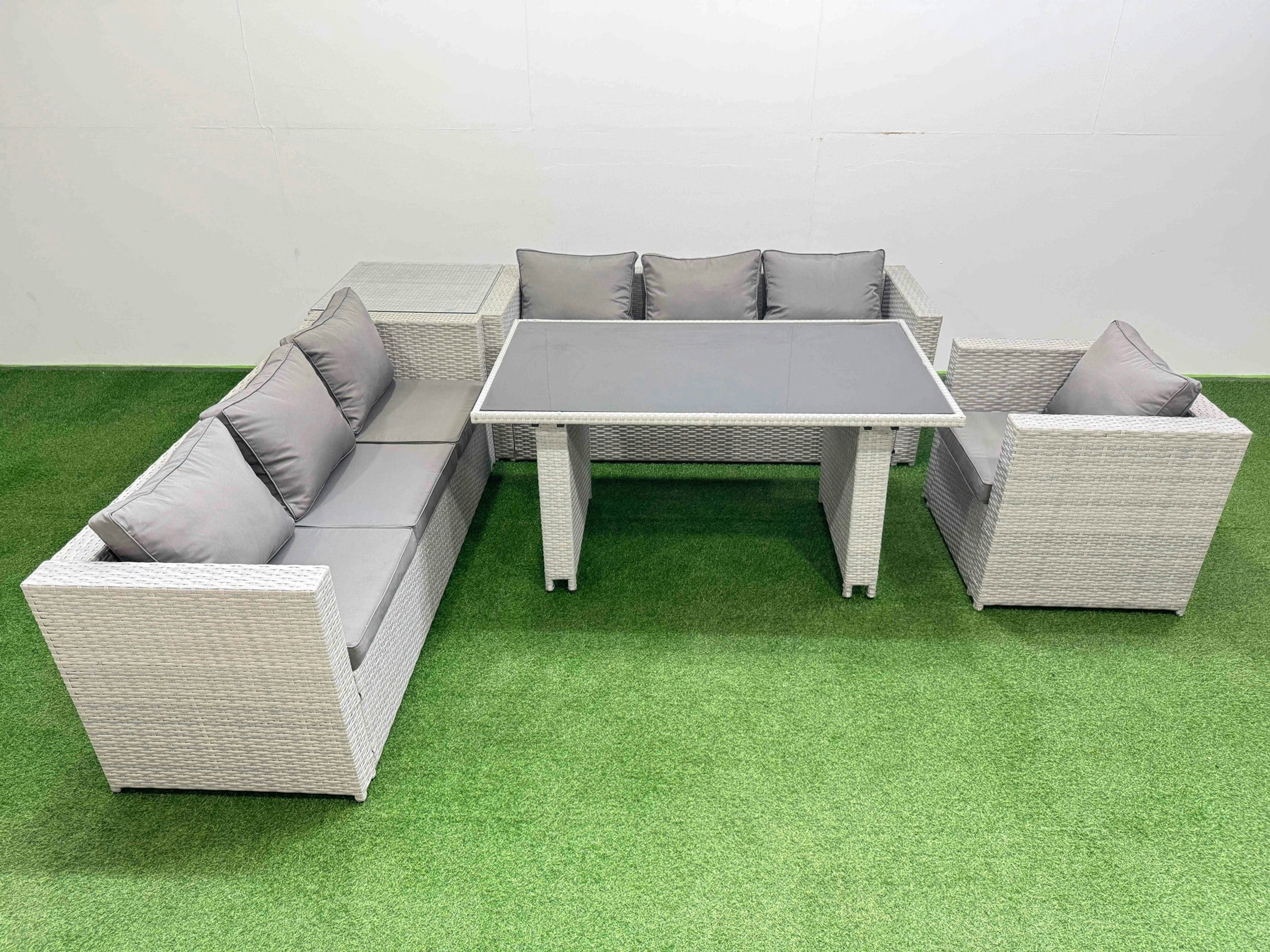 Fimous Black/Light/Grey Patio Garden Furniture Sets With Glass Top Dining Table 3 Seater Sofa Armchair Side Table