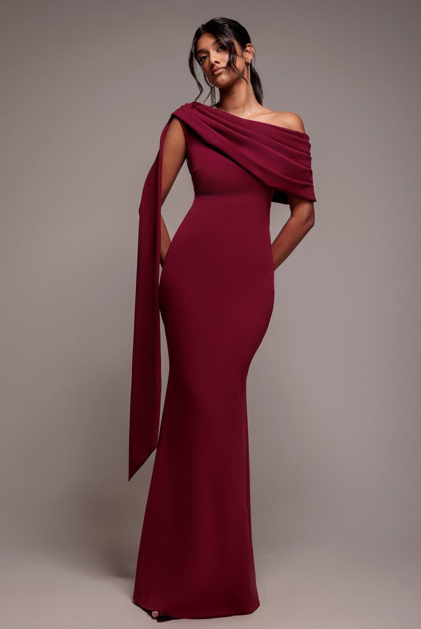 Goddiva Burgundy Sash One Shoulder Bardot Maxi Dress - By - 14