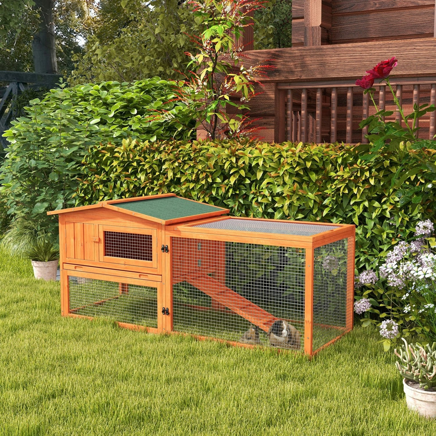 Pawhut Wooden Rabbit Hutch Guinea Pig Run W/ Ramp And Removable Tray Outdoor