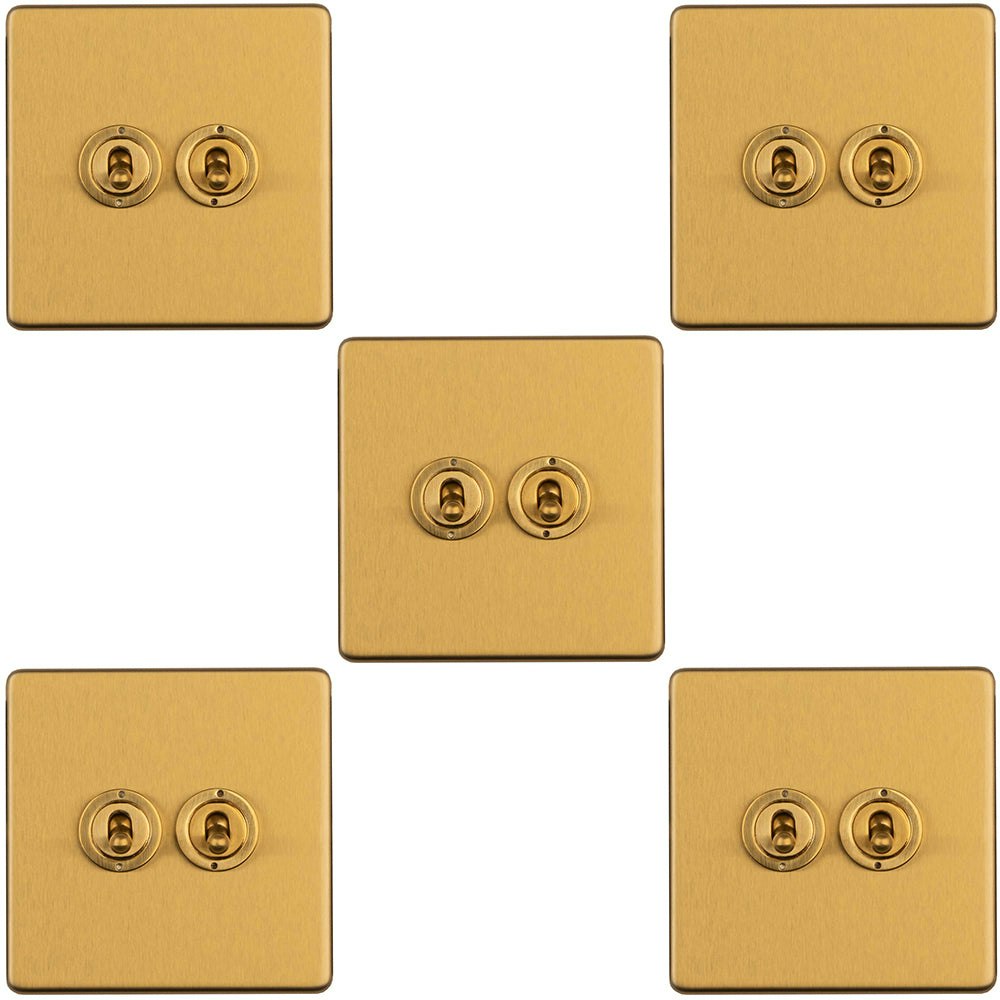 Rackhams Light Pack 2 Gang Double Retro Toggle Switch Screwless Satin Brass 10A 2 Way Size 5