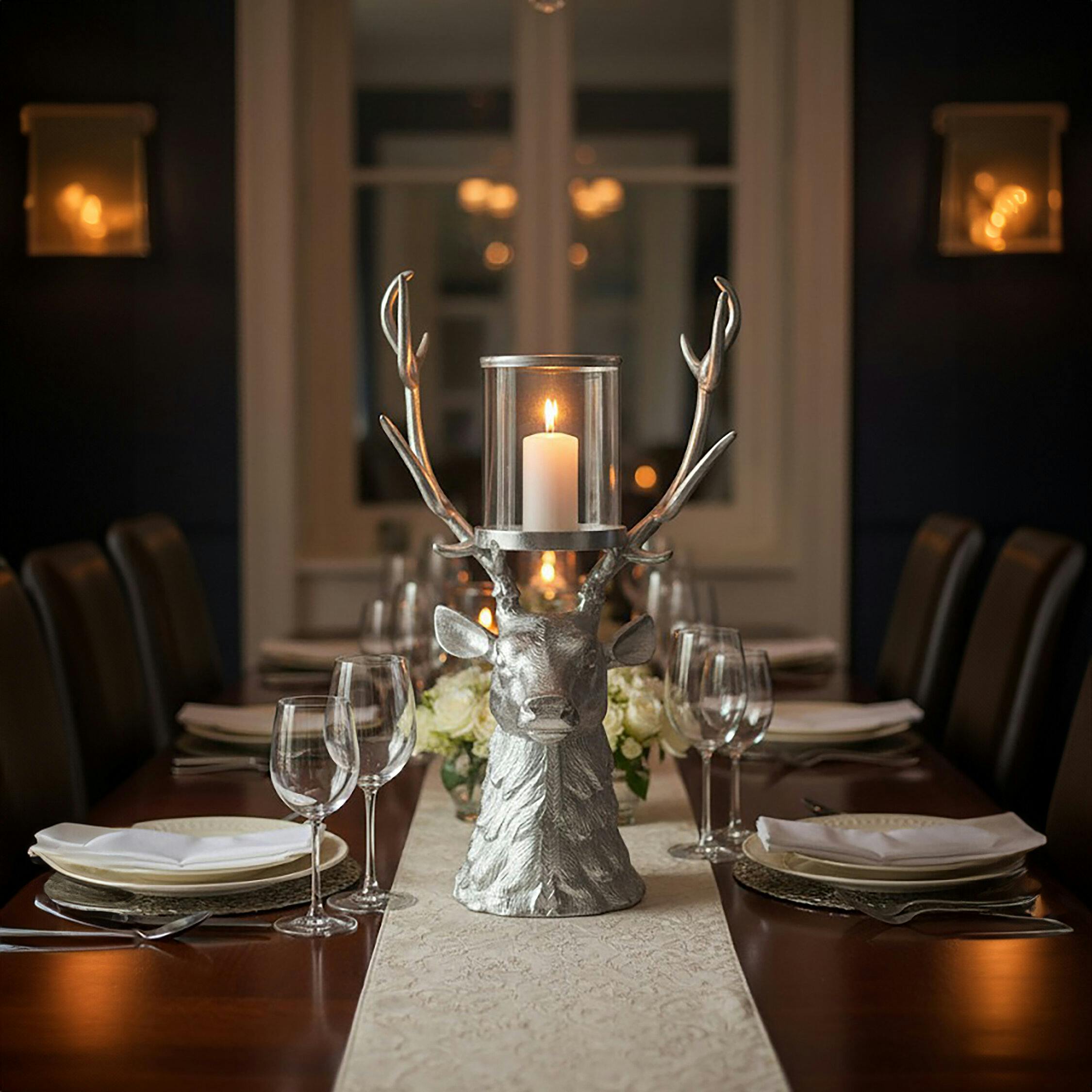 Orsina Unisex Silver Stag Glass Candle Holder, Hurricane Design Candle Holder With Stag Head Base, Decorative Centrepiece In - Image 2