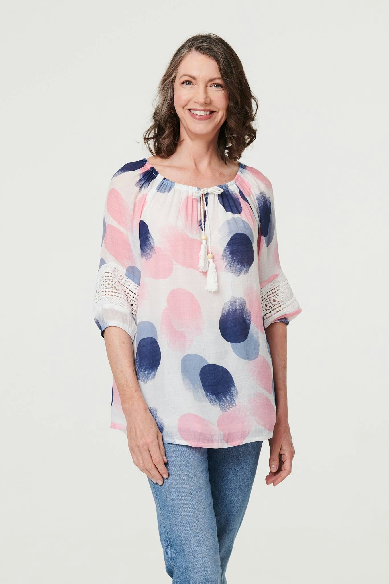 Izabel London Pink Printed Lace Trim Tassel Front Blouse - 12