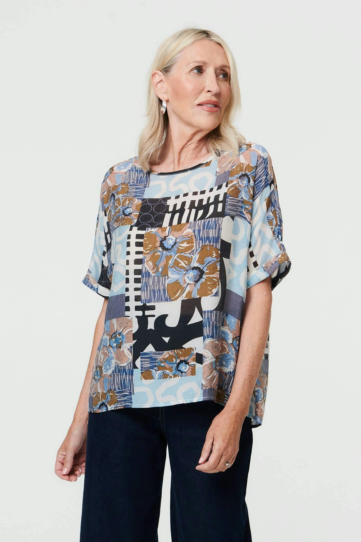 Izabel London Blue Patchwork Print 1/2 Sleeve Relaxed Top - 8