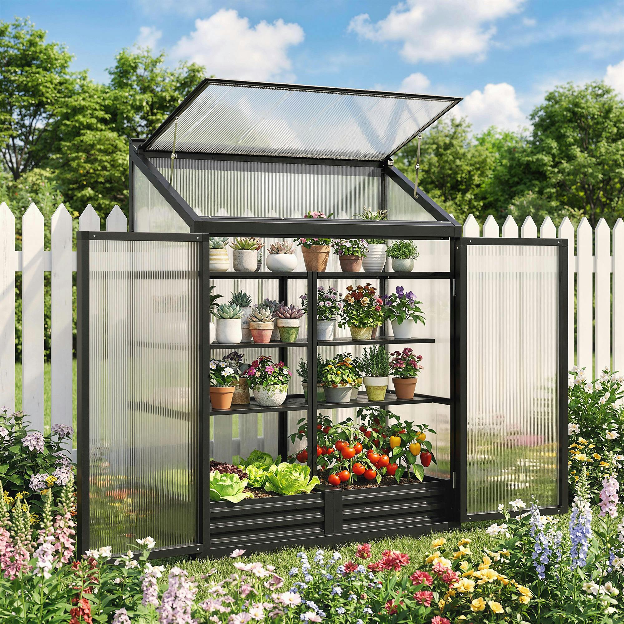 Rackhams Black Polycarbonate Greenhouse With Door, Aluminium Walk-In Greenhouse - 120L X 55W X 155H Cm - 1