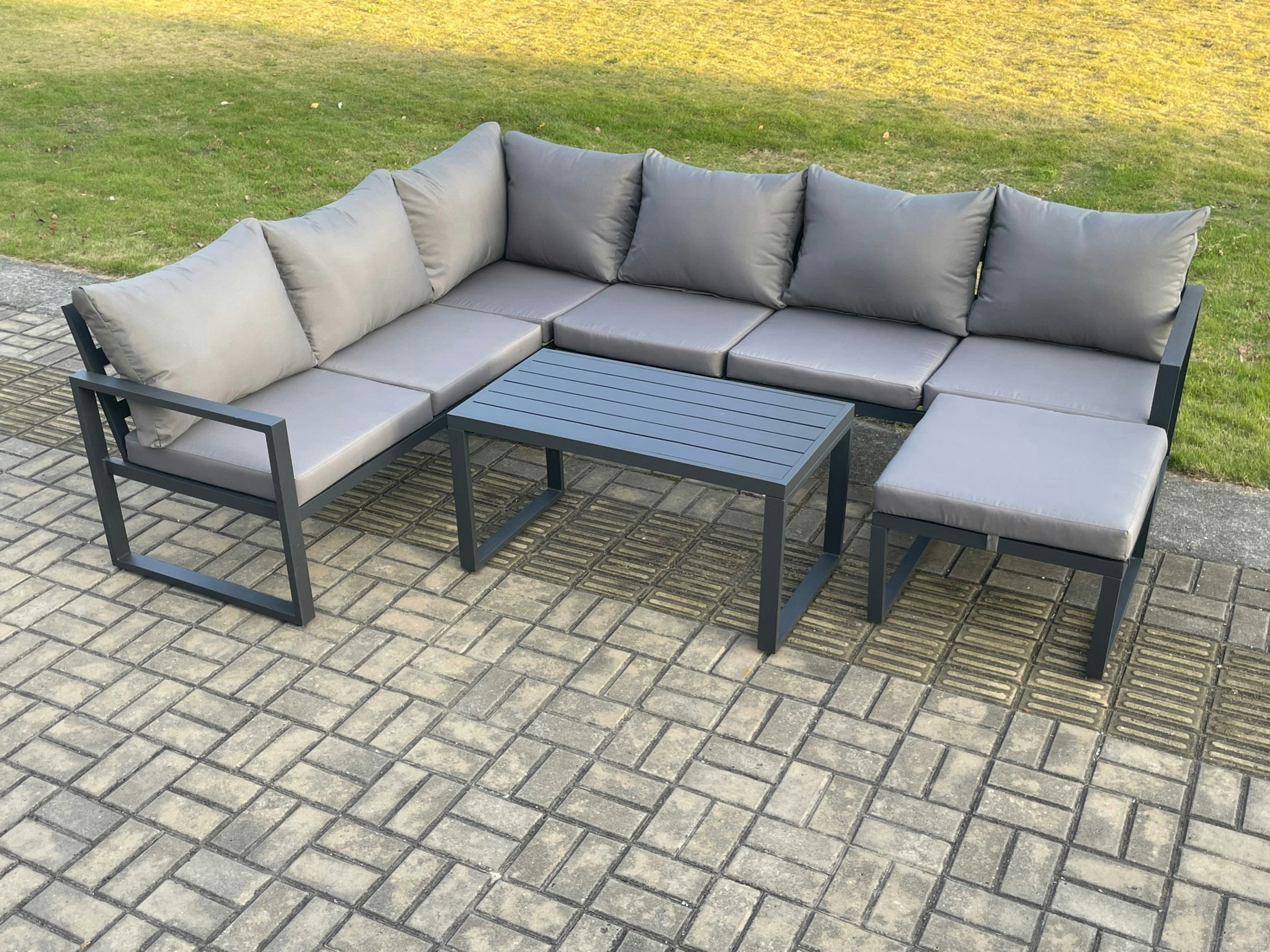 Fimous Dark/Grey Aluminium Garden Furniture Set Outdoor Indoor Lounge Corner Sofa Oblong Coffee Table Sets With Big Footstool