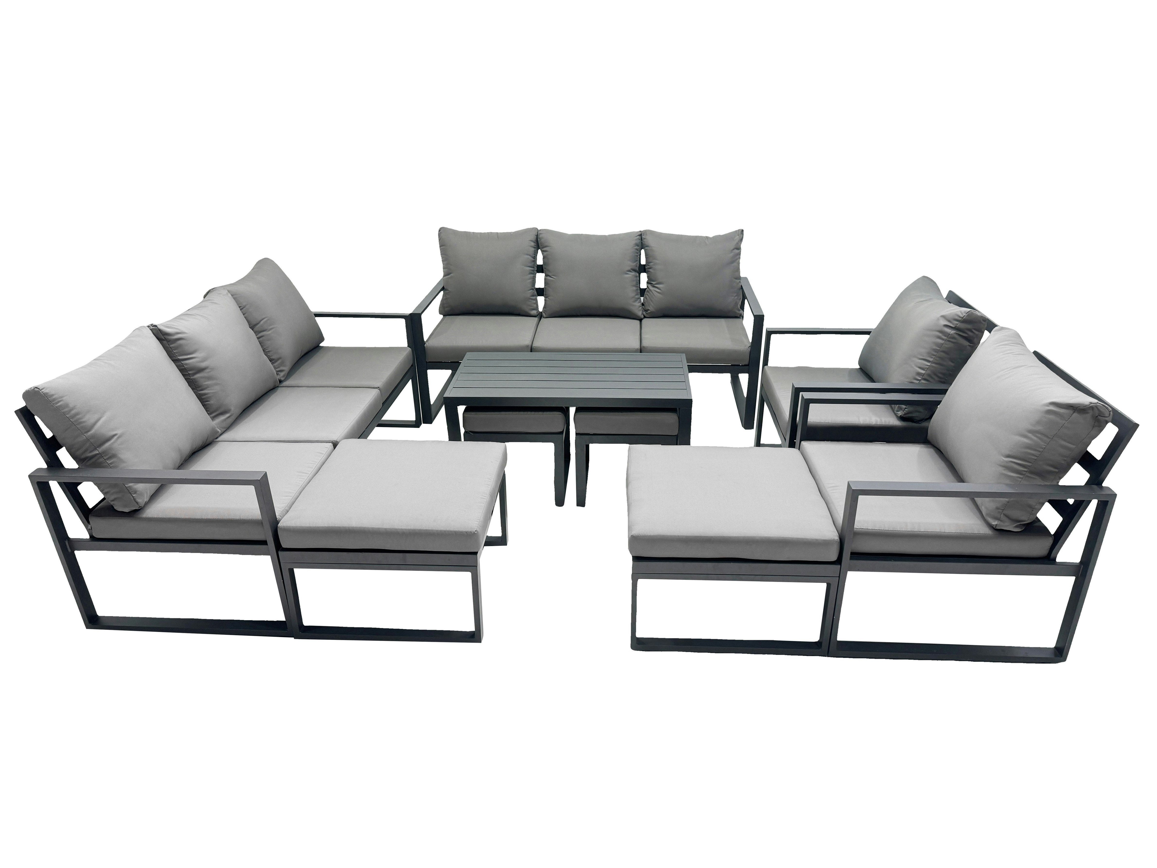 Rackhams Dark/Grey Outdoor Garden Furniture Set Aluminium Lounge 3 Seat Sofa Oblong Coffee Table Sets With 2 Chairs 4 Stools