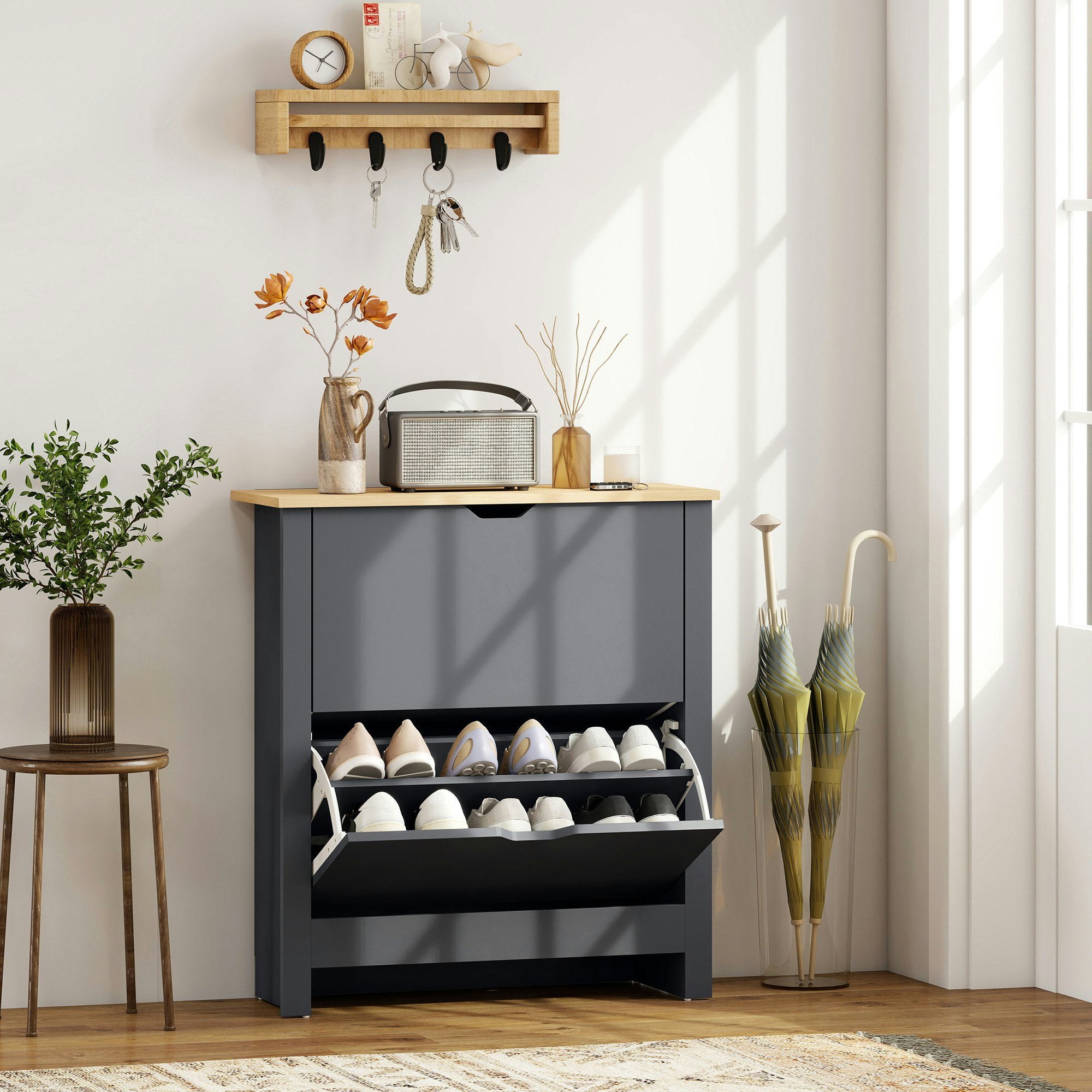 Rackhams Grey 12-Shoe Storage Cabinet 4 Shelves 2 Drawers Tabletop Charcoal - Charcoal Body, Oak Tone Top - Charcoal - Particle Board