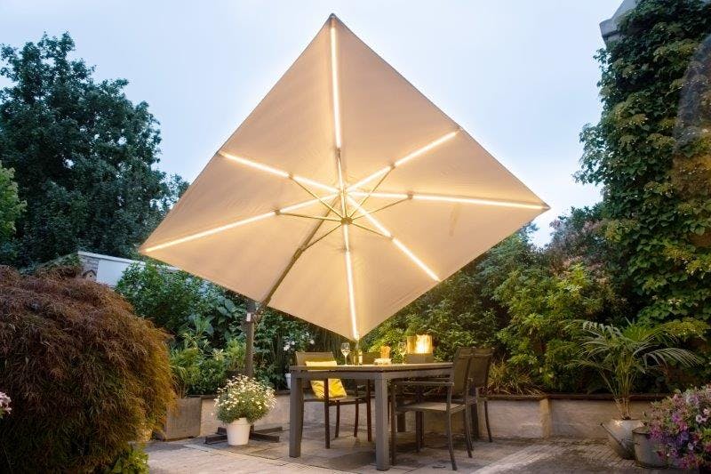 Rackhams Grey/Dark Hawaii 300Cm X 300Cm Lumen Led Square Cantilever Parasol With 90Kg Moveable Granite Base - Sand