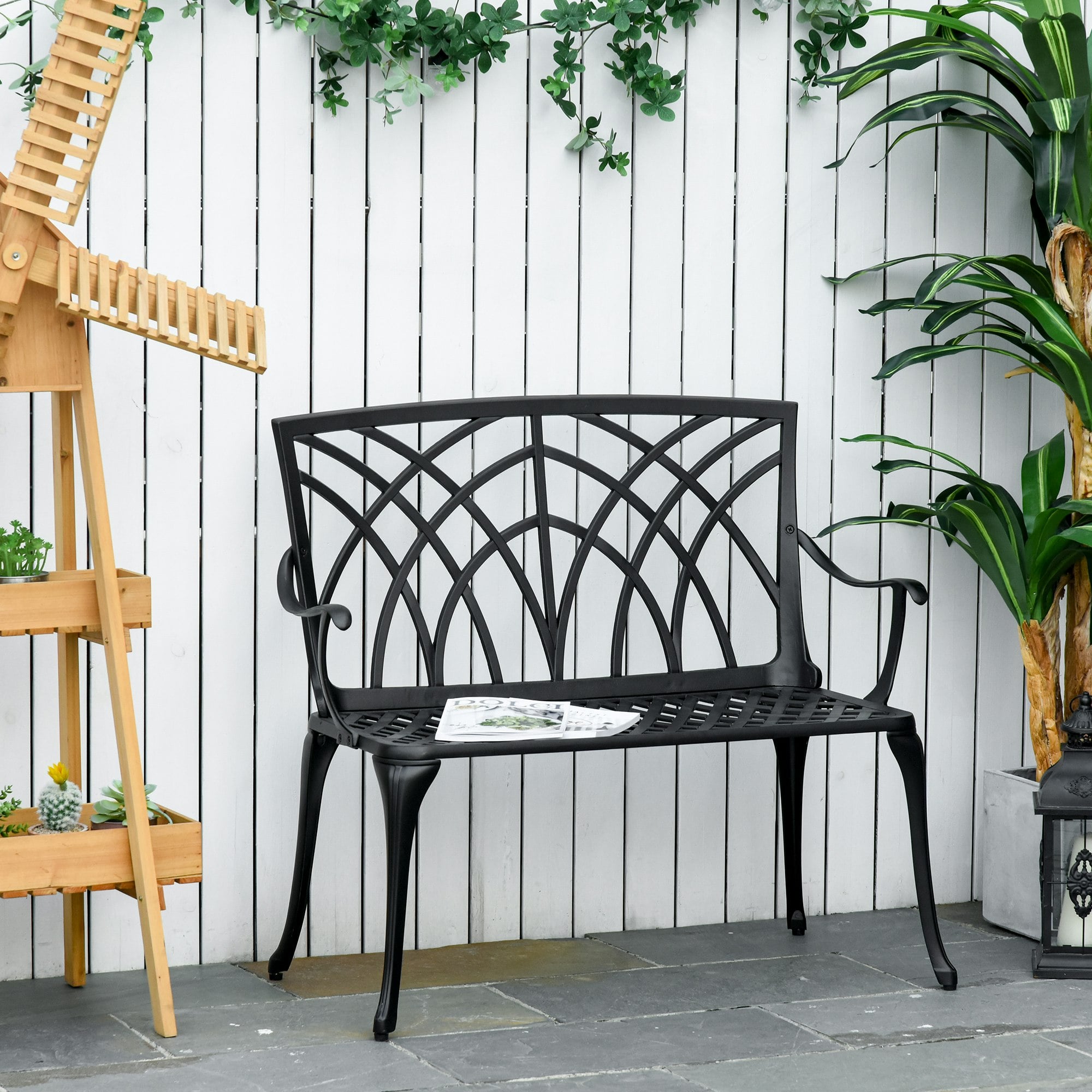 Rackhams 2-Seater Cast Aluminium Garden Bench Loveseat Ergonomic Armrest