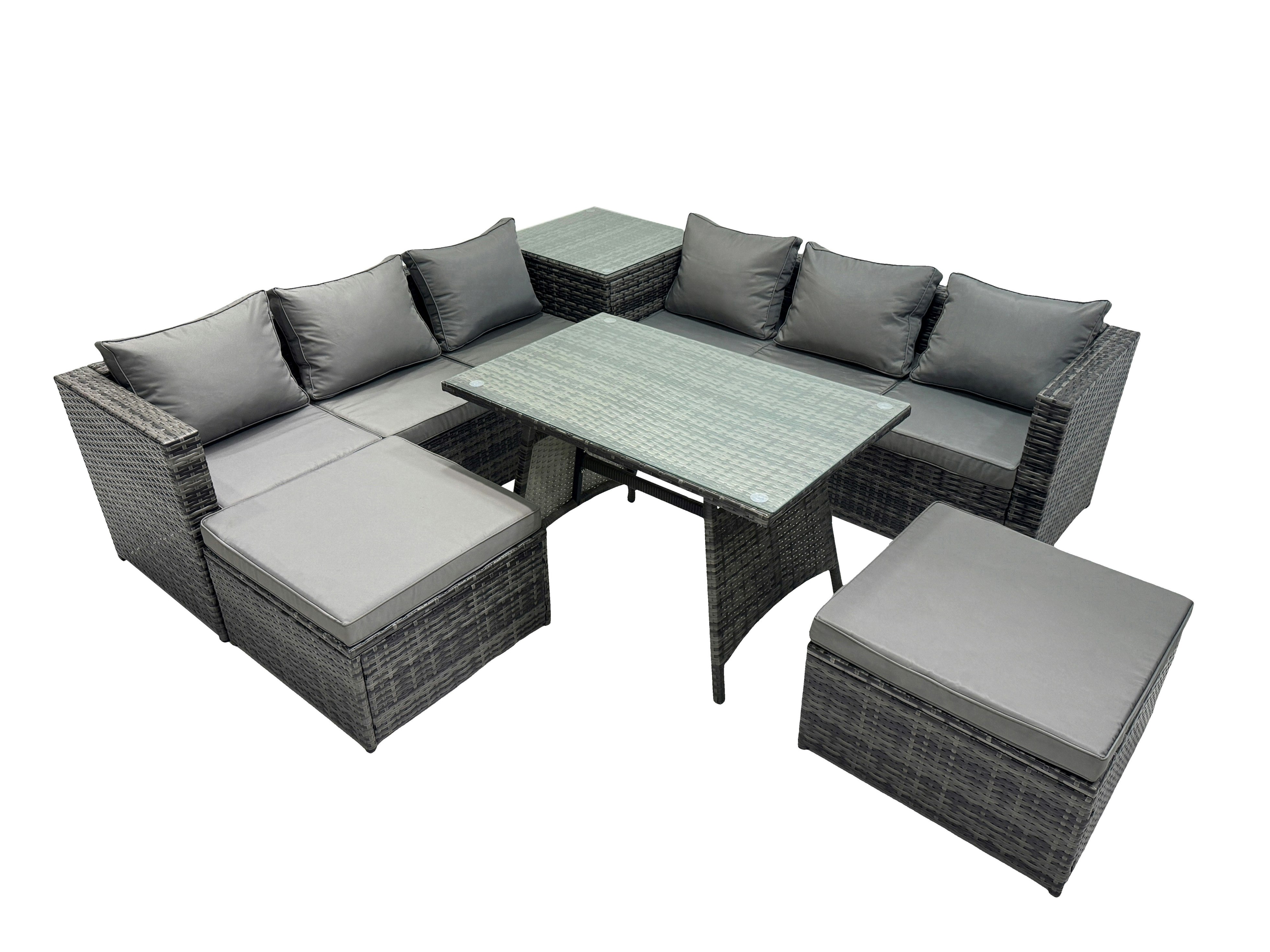 Rackhams Dark/Grey Outdoor Corner Sofa Dining Table Set Garden Rattan Furniture Set 8 Seater With Side Table 2 Big Stools